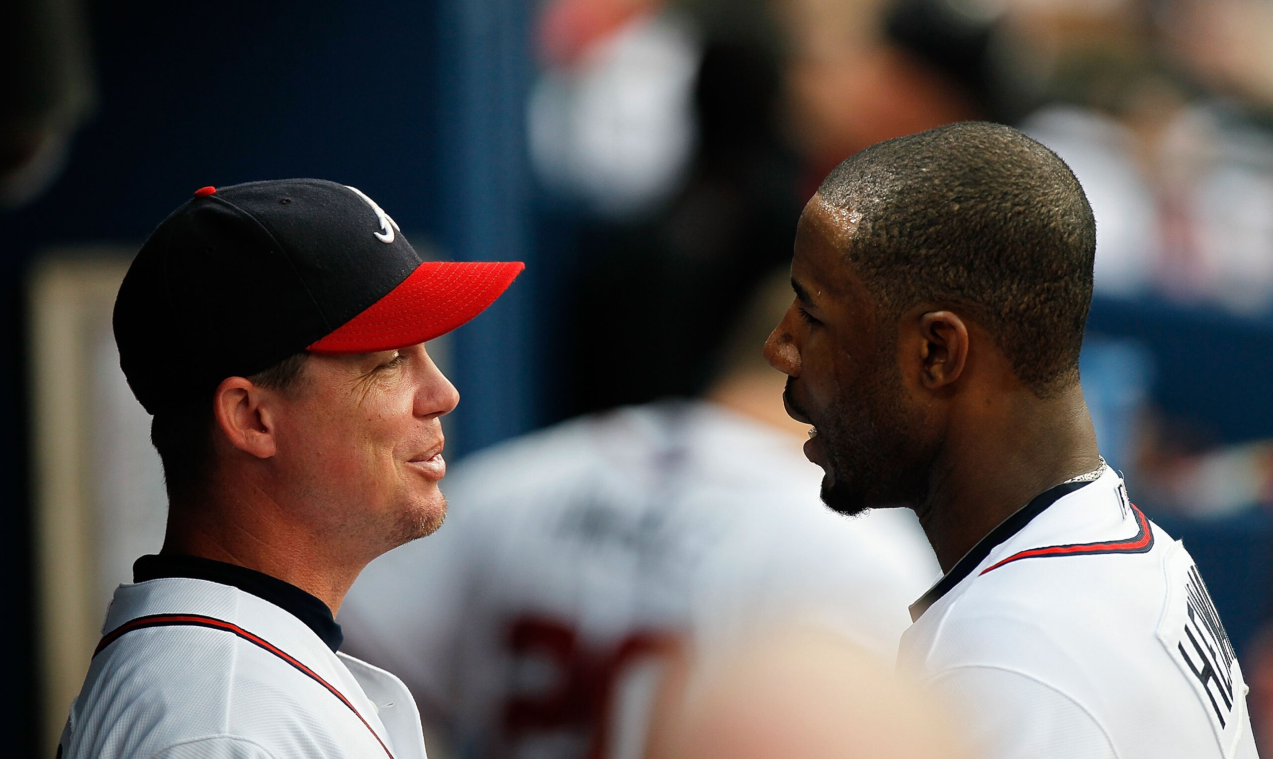 ATLANTA - JUNE 17: Chipper Jones #10 of the Atlanta Braves congratulates Jason Heyward #22 after Heyward's solo homer in the fourth inning against the Tampa Bay Rays at Turner Field on June 17, 2010 in Atlanta, Georgia. (Photo by Kevin C. Cox/Getty Imag ATLANTA - JUNE 17: Chipper Jones #10 of the Atlanta Braves congratulates Jason Heyward #22 after Heyward's solo homer in the fourth inning against the Tampa Bay Rays at Turner Field on June 17, 2010 in Atlanta, Georgia. (Photo by Kevin C. Cox/Getty Imag