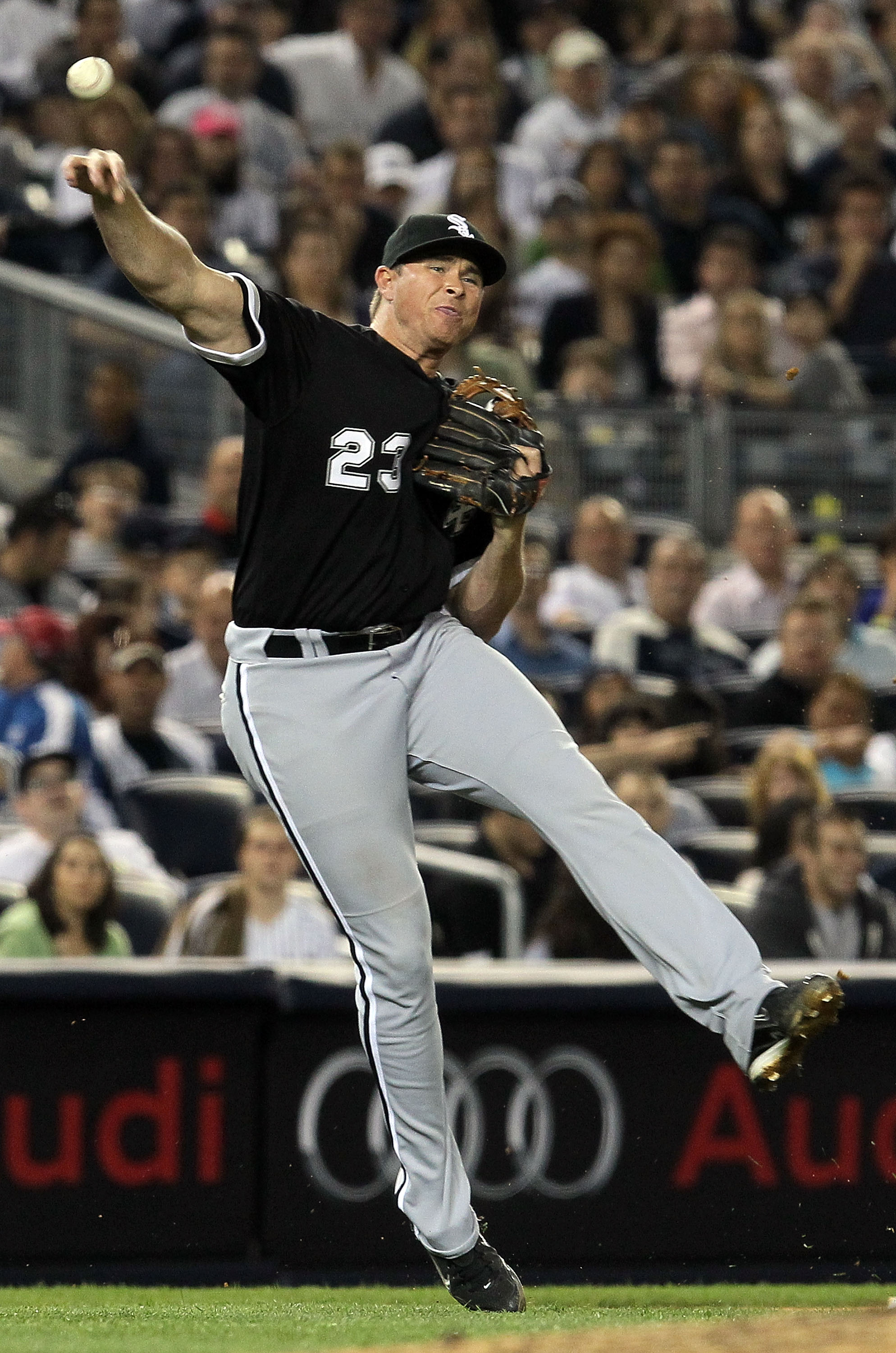 NEW YORK - APRIL 30:  Mark Teahen #23 of the Chicago White Sox throws to first base for an out against the New York Yankees during the fifth inning on April 30, 2010 at Yankee Stadium in the Bronx borough of New York City.  (Photo by Jim McIsaac/Getty Ima