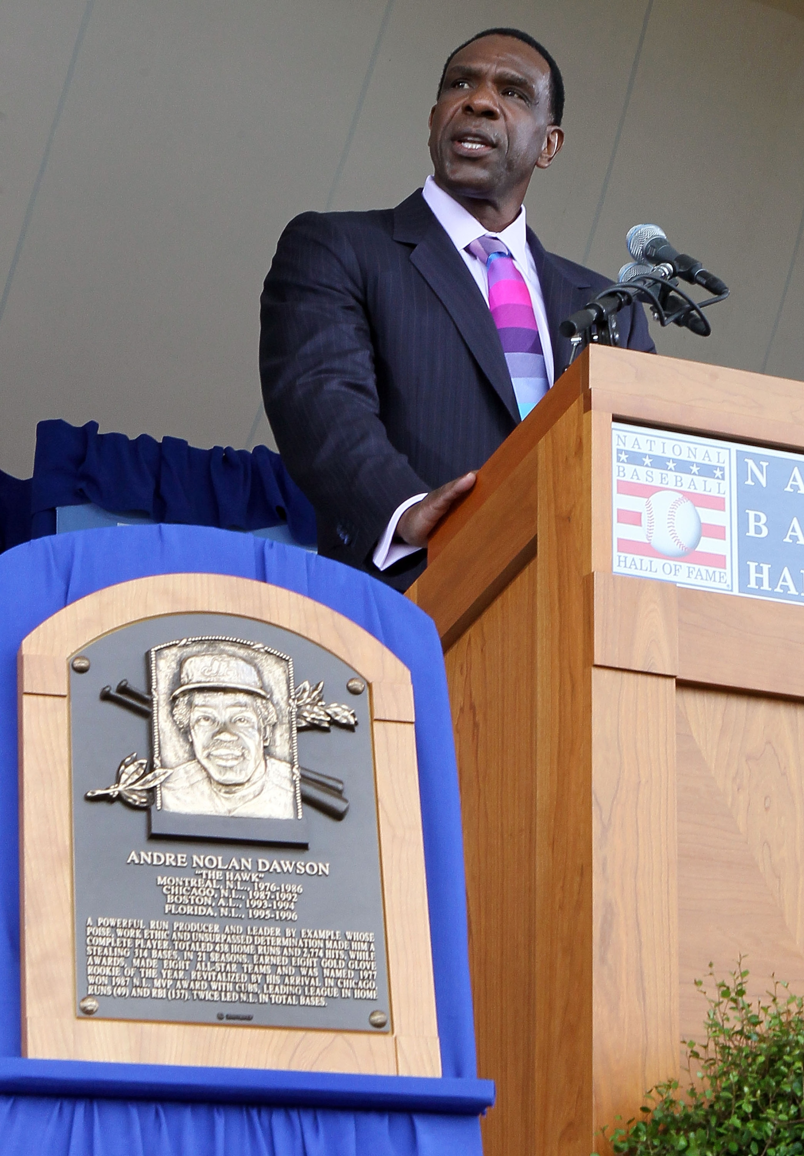 COOPERSTOWN, NY - JULY 25:  2010 inductee Andre Dawson gives his speech at Clark Sports Center during the Baseball Hall of Fame induction ceremony on July 25, 20010 in Cooperstown, New York. Dawson was an eight time all-star during his twenty one year car