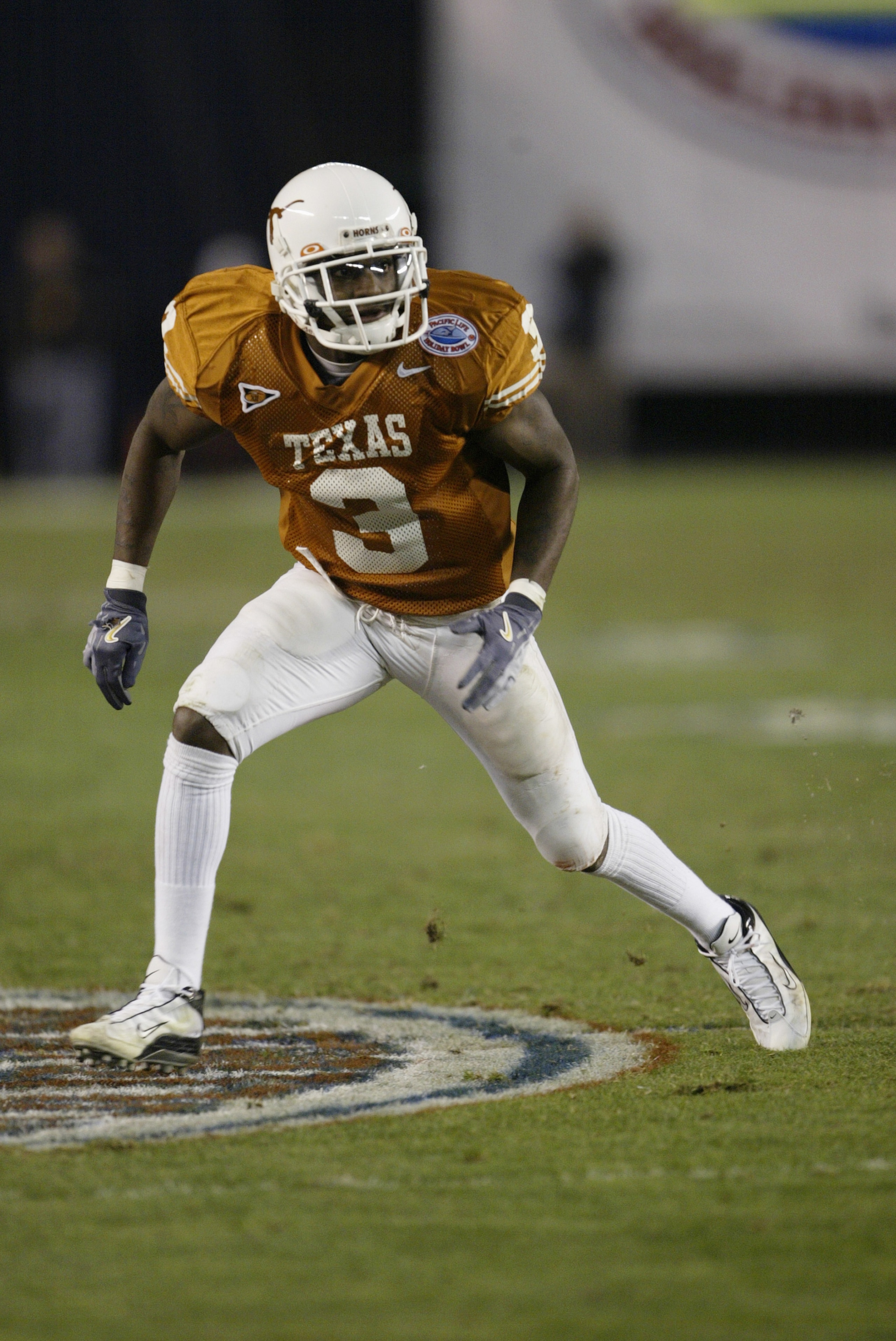 SAN DIEGO - DECEMBER 30:  Cornerback Nathan Vasher #3 of the University of Texas Longhorns runs on the field during the game against the Washington State Cougars in the Pacific Life Holiday Bowl on December 30, 2003 at Qualcomm Stadium in San Diego, Calif