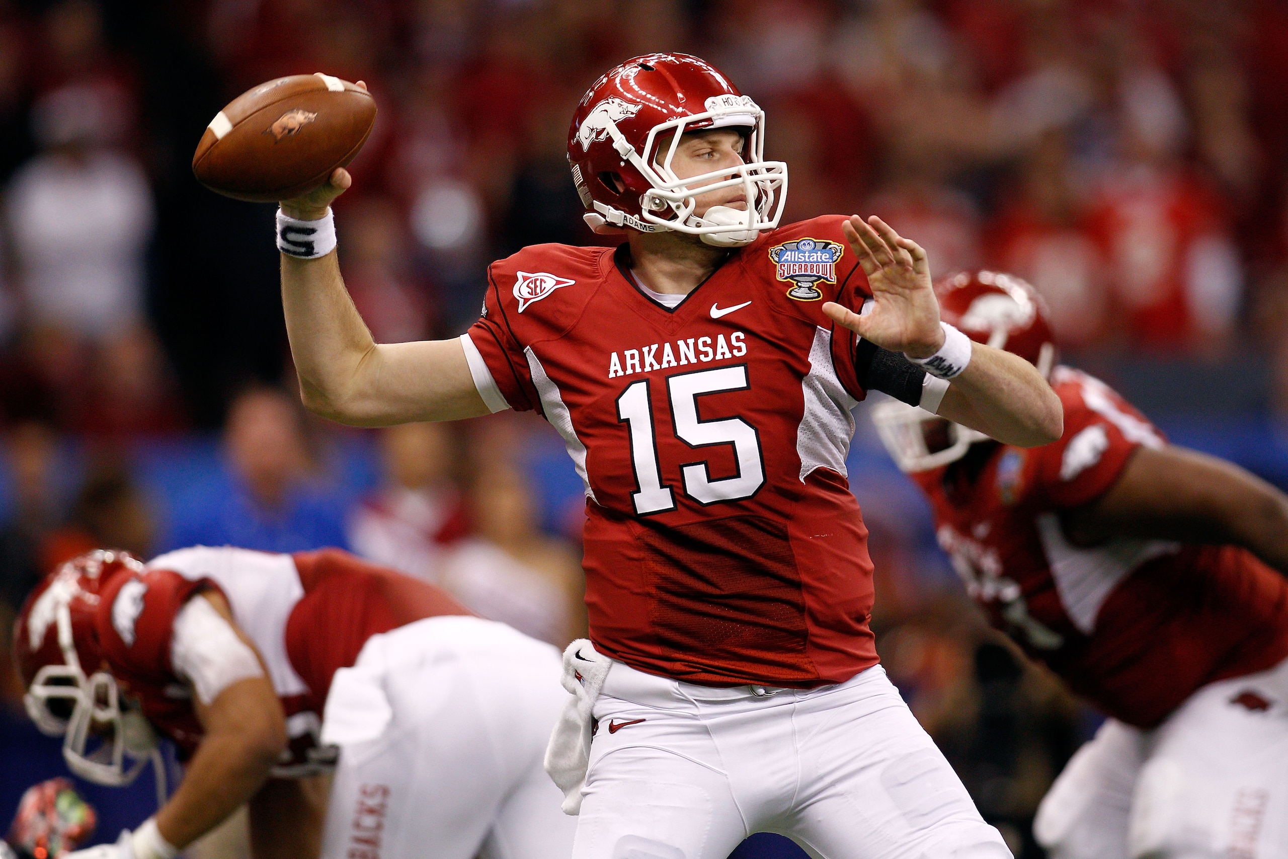NEW ORLEANS, LA - JANUARY 04:  Ryan Mallett #15 of the Arkansas Razorbacks looks to pass against the Ohio State Buckeyes during the Allstate Sugar Bowl at the Louisiana Superdome on January 4, 2011 in New Orleans, Louisiana.  (Photo by Chris Graythen/Gett