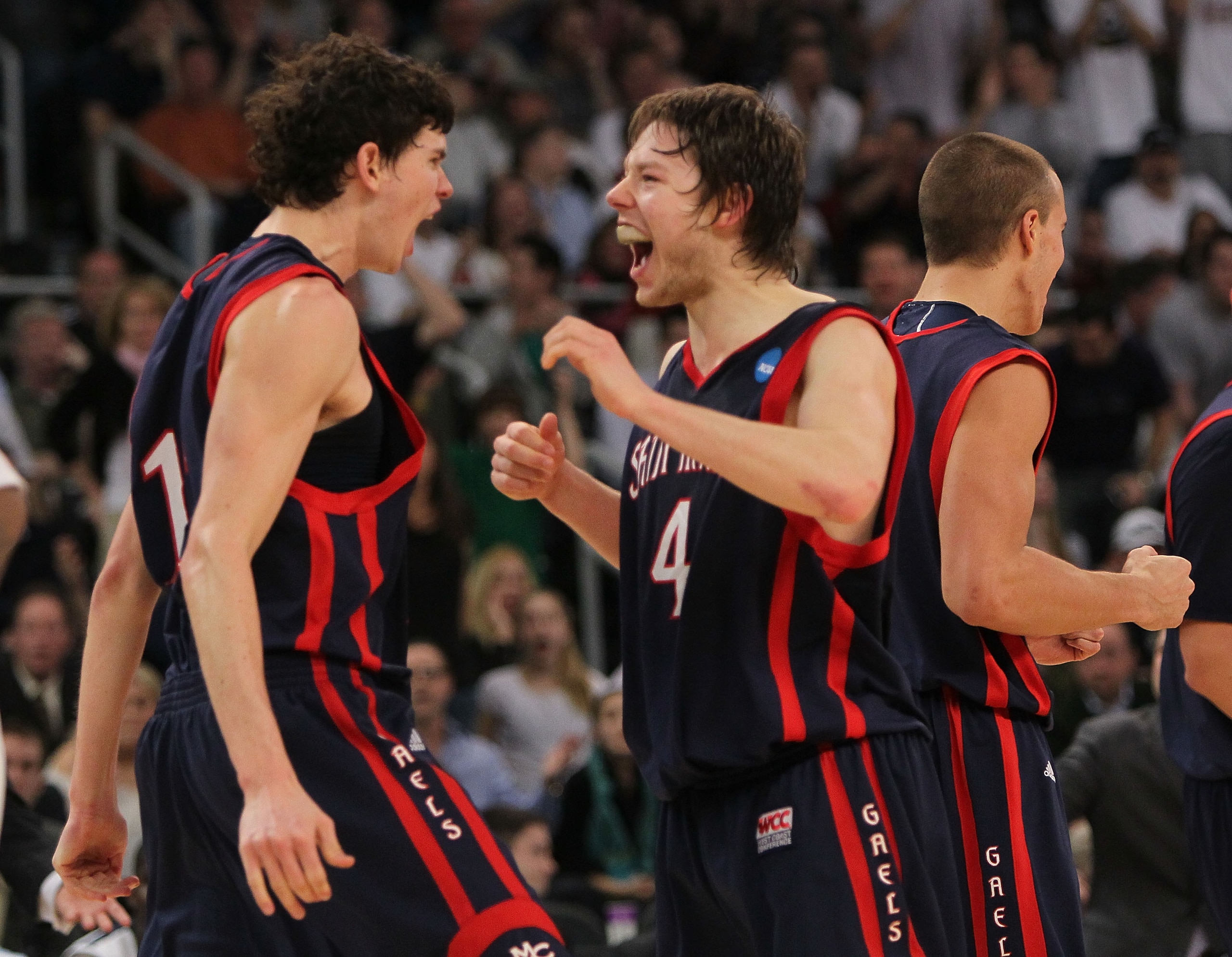 PROVIDENCE, RI - MARCH 20:  Clint Stiendl #11 and Matthew Dellavedova #4 of the Saint Mary' Gaels react in final moments of a won over the Villanova Wildcats during the second round of the 2010 NCAA men's tournament at Dunkin' Donuts Center on March 20, 2