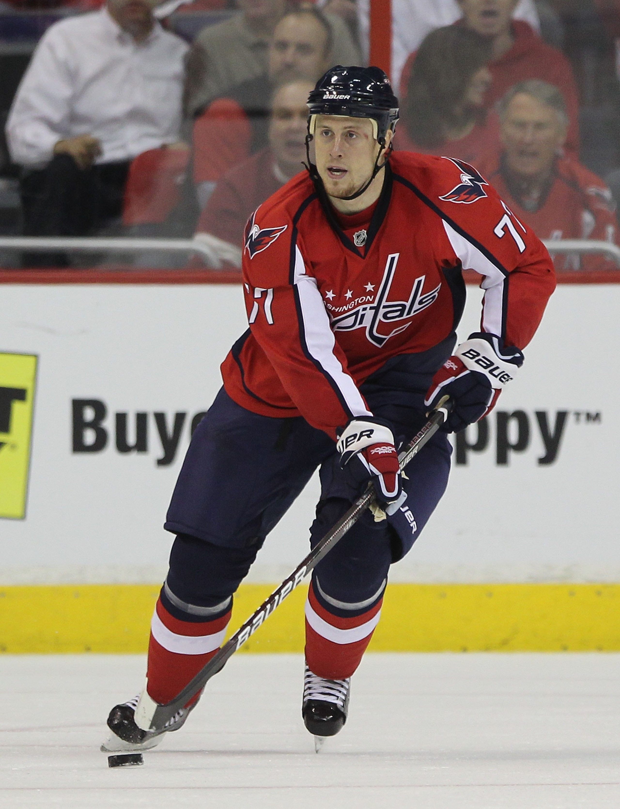 WASHINGTON - APRIL 28: Joe Corvo #77 of the Washington Capitals skates against the Montreal Canadiens in Game Seven of the Eastern Conference Quarterfinals during the 2010 NHL Stanley Cup Playoffs at the Verizon Center on April 28, 2010 in Washington, DC.