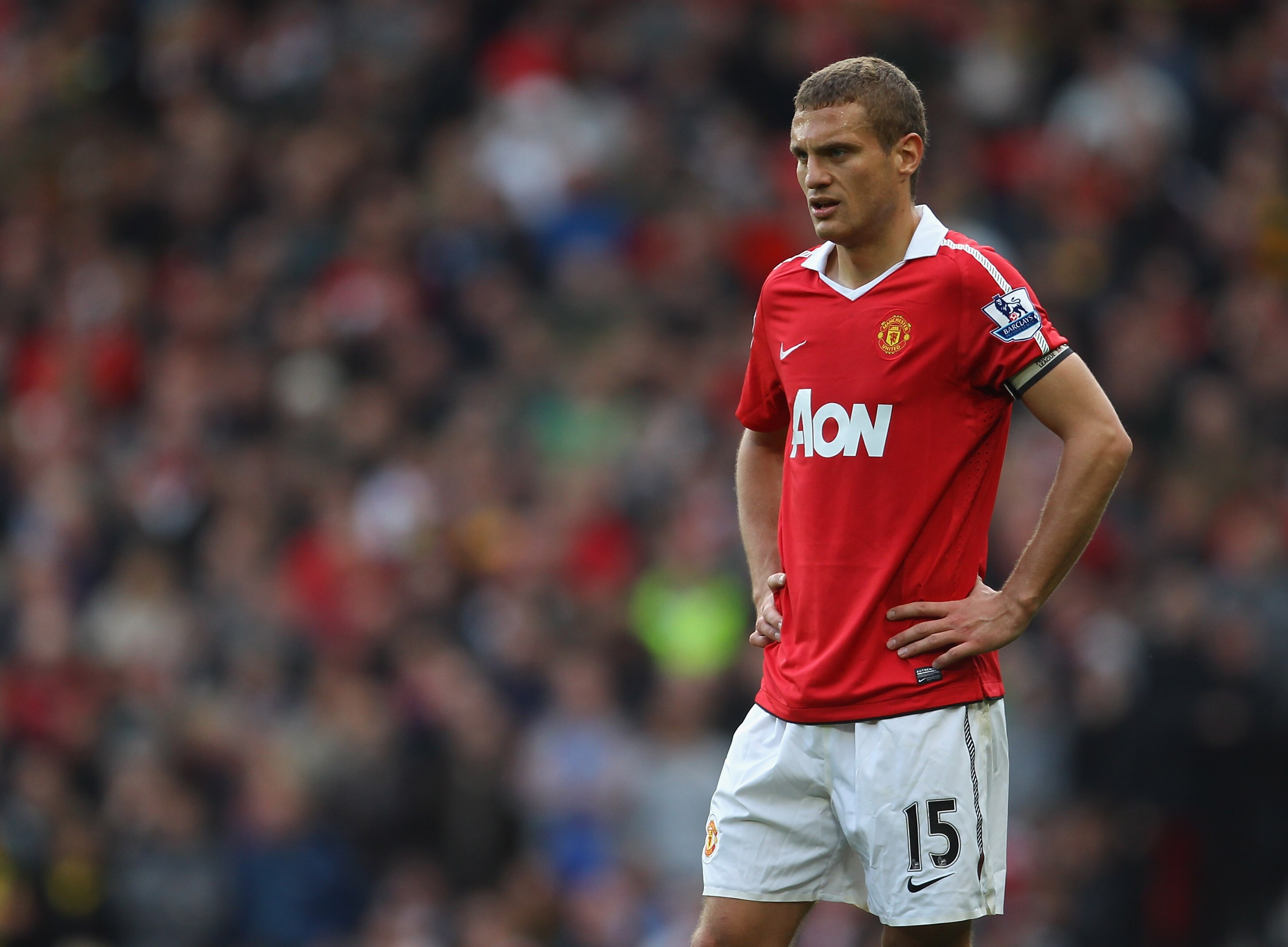 MANCHESTER, ENGLAND - OCTOBER 16:  Nemanja Vidic of Manchester United looks dejected during the Barclays Premier League match between Manchester United and West Bromwich Albion at Old Trafford on October 16, 2010 in Manchester, England.  (Photo by Alex Li