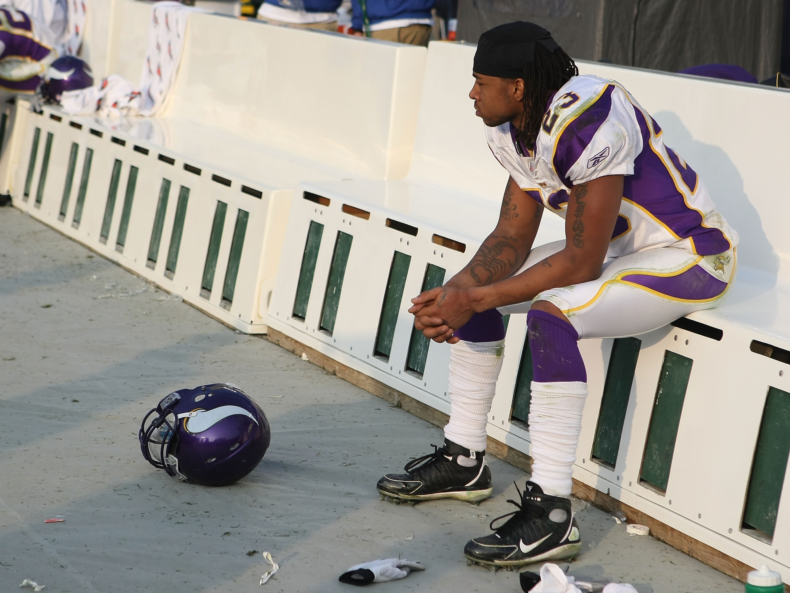 GREEN BAY, WI - NOVEMBER 11: Cedric Griffin #23 of the Minnesota Vikings sits on the bench in the final minutes of a loss to the Green Bay Packers on November 11, 2007 at Lambeau Field in Green Bay, Wisconsin. The Packers defeated the Vikings 34-0. (Photo