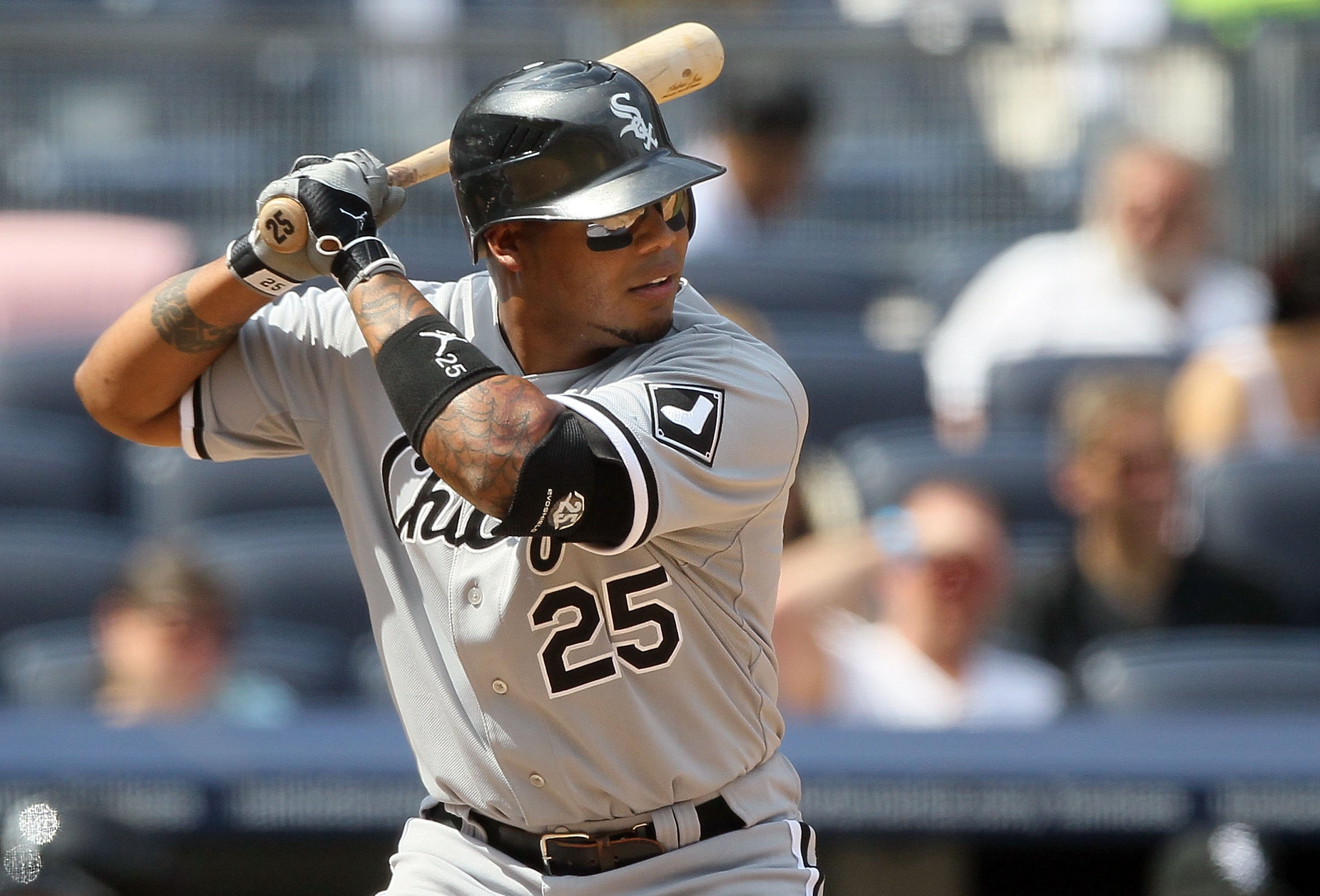 NEW YORK - MAY 02:  Andruw Jones #25 of the Chicago White Sox bats against the New York Yankees on May 2, 2010 at Yankee Stadium in the Bronx borough of New York City. The Yankees defeated the White Sox 12-3.  (Photo by Jim McIsaac/Getty Images)