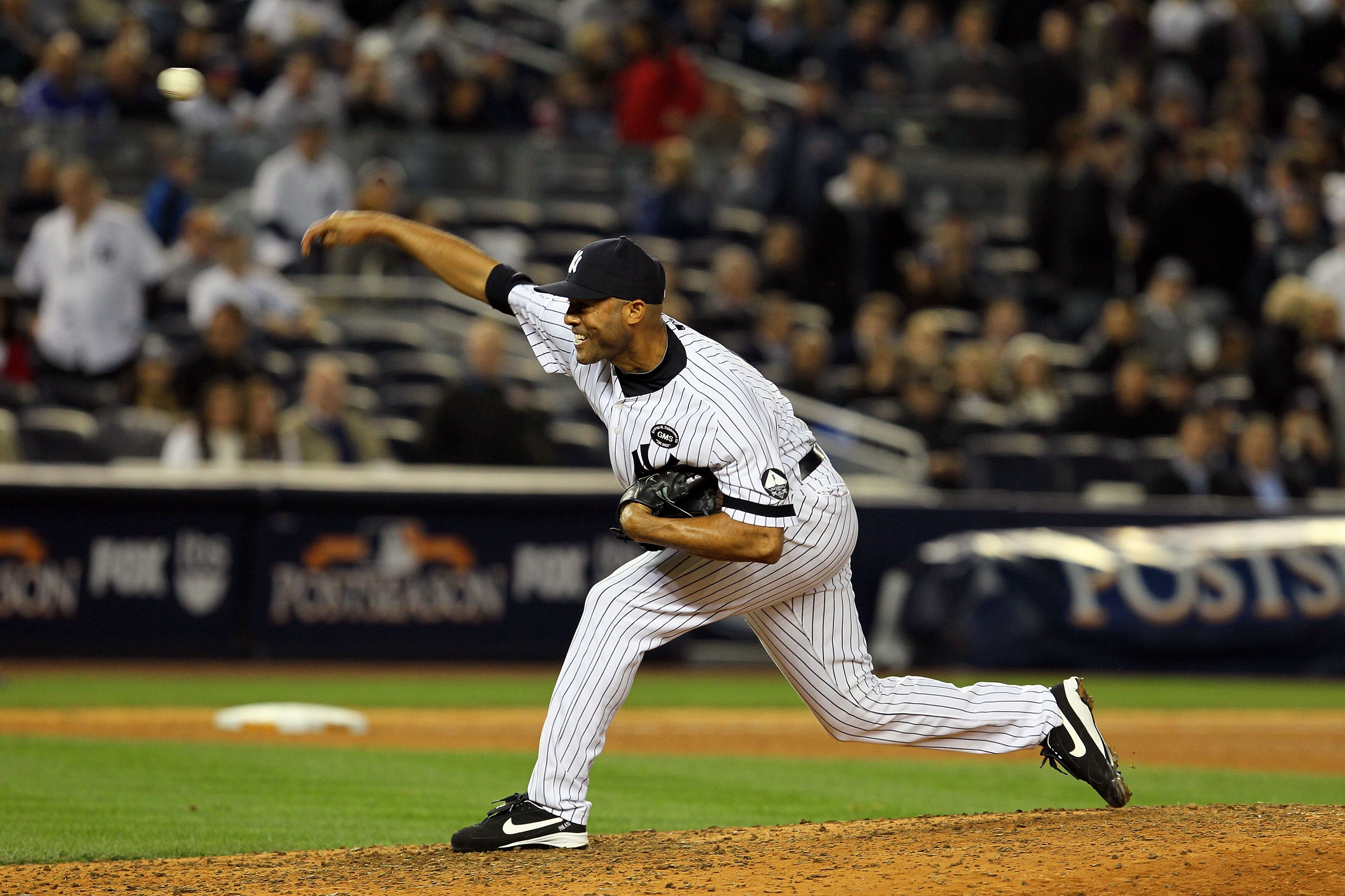 NEW YORK - OCTOBER 20:  Mariano Rivera #42 of the New York Yankees pitches against the Texas Rangers in Game Five of the ALCS during the 2010 MLB Playoffs at Yankee Stadium on October 20, 2010 in the Bronx borough of New York City.  (Photo by Jim McIsaac/