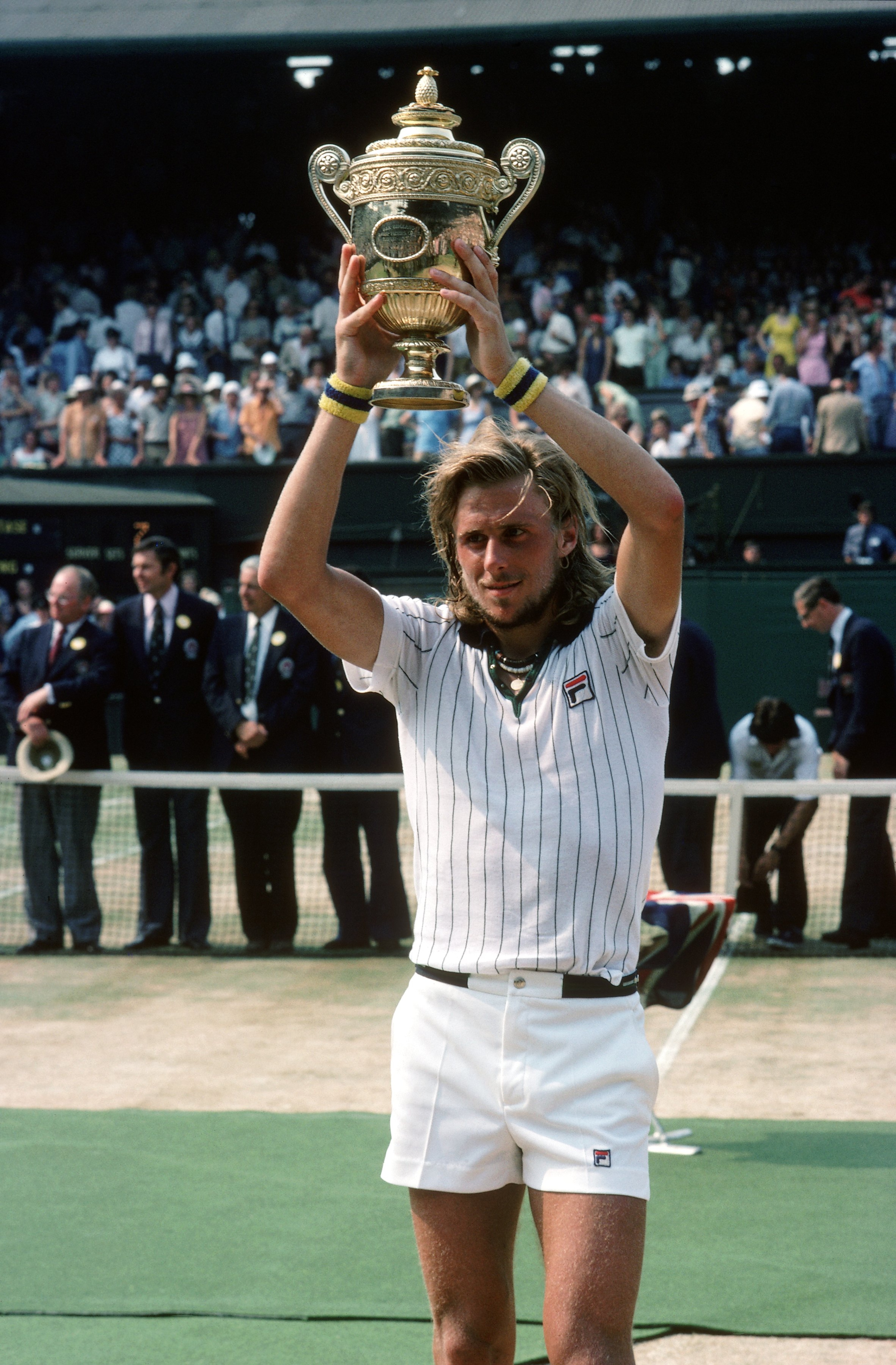 3 Jul 1976:  Bjorn Borg of Sweden poses with the winning trophy after winning the Wimbledon Lawn Tennis Championship held at the All England Lawn Tennis and Croquet Club, in London. \ Mandatory Credit: Tony Duffy /Allsport