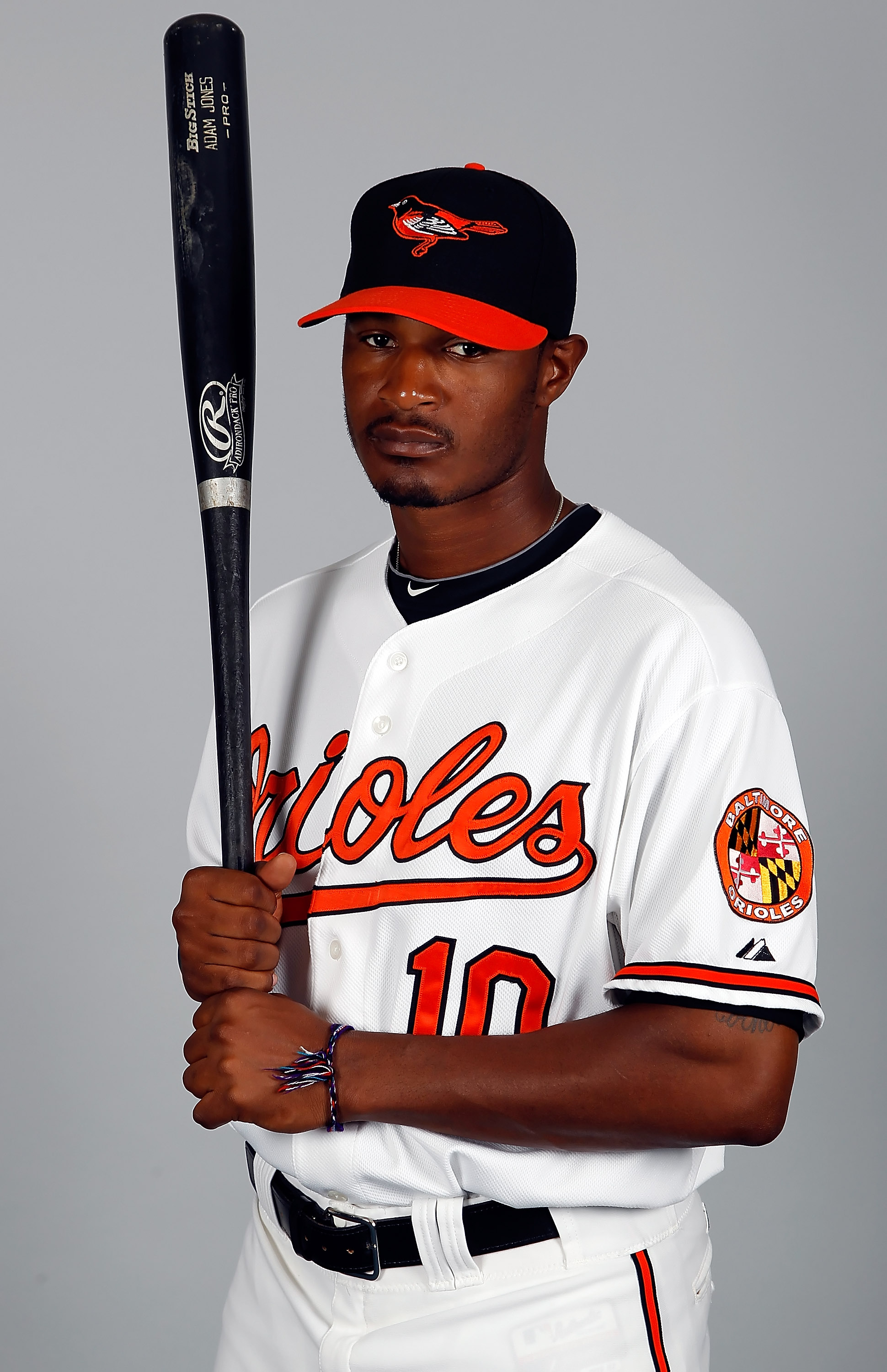 SARASOTA, FL - FEBRUARY 26:  Outfielder Adam Jones #10 of the Baltimore Orioles poses for a photo during photo day at Ed Smith Stadium on February 26, 2011 in Sarasota, Florida.  (Photo by J. Meric/Getty Images)