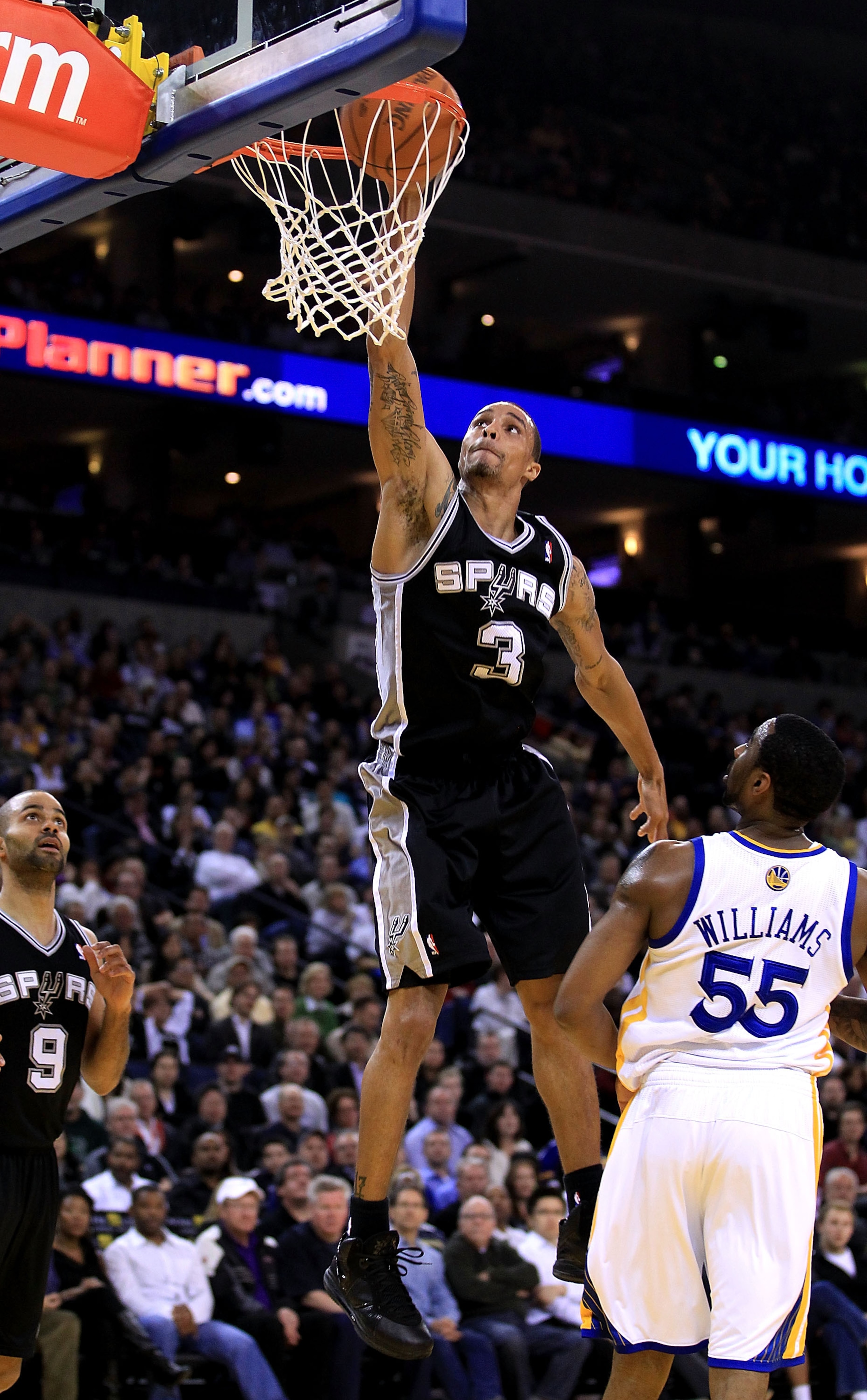 OAKLAND, CA - JANUARY 24:  George Hill #3 of the San Antonio Spurs in action against the Golden State Warriors at Oracle Arena on January 24, 2011 in Oakland, California.  NOTE TO USER: User expressly acknowledges and agrees that, by downloading and or us