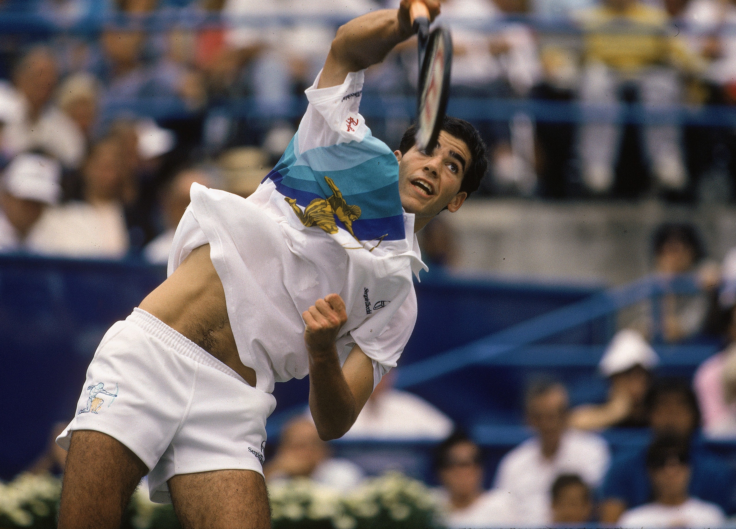 FLUSHING MEADOW, NY - SEPTEMBER 1:  Pete Sampras serves the ball during the 1990 U.S. Open on September 1, 1990 in Flushing Meadow, New York.  Sapras went on to defeat Andre Agassi 6-4, 6-3, 6-2 to become the youngest men's champion in the Open's 110 year