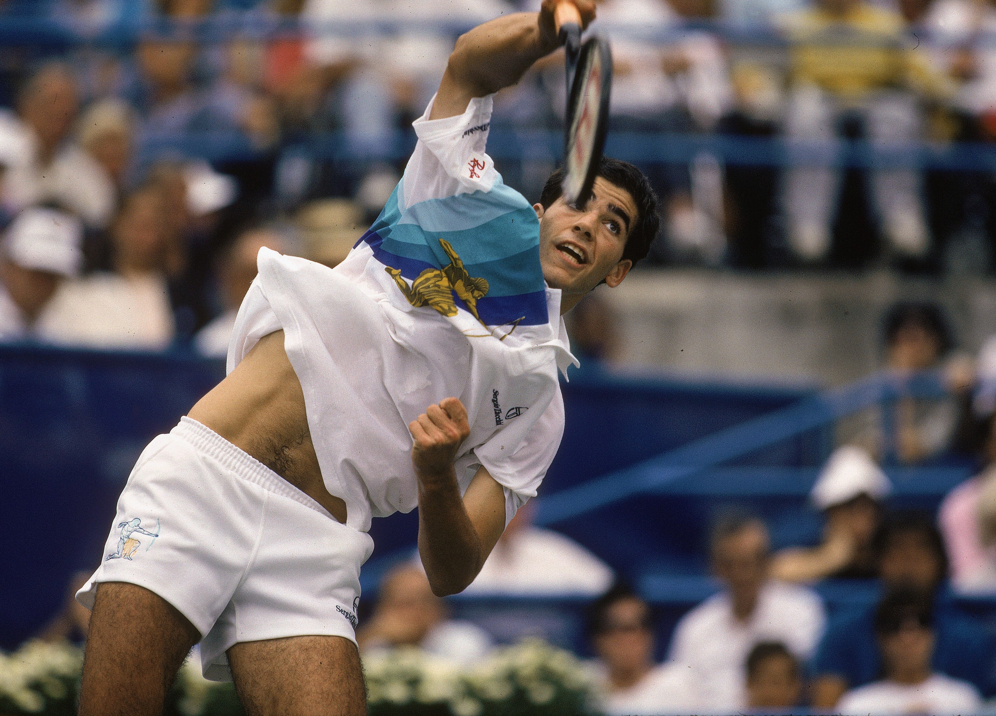 FLUSHING MEADOW, NY - SEPTEMBER 1:  Pete Sampras serves the ball during the 1990 U.S. Open on September 1, 1990 in Flushing Meadow, New York.  Sapras went on to defeat Andre Agassi 6-4, 6-3, 6-2 to become the youngest men's champion in the Open's 110 year