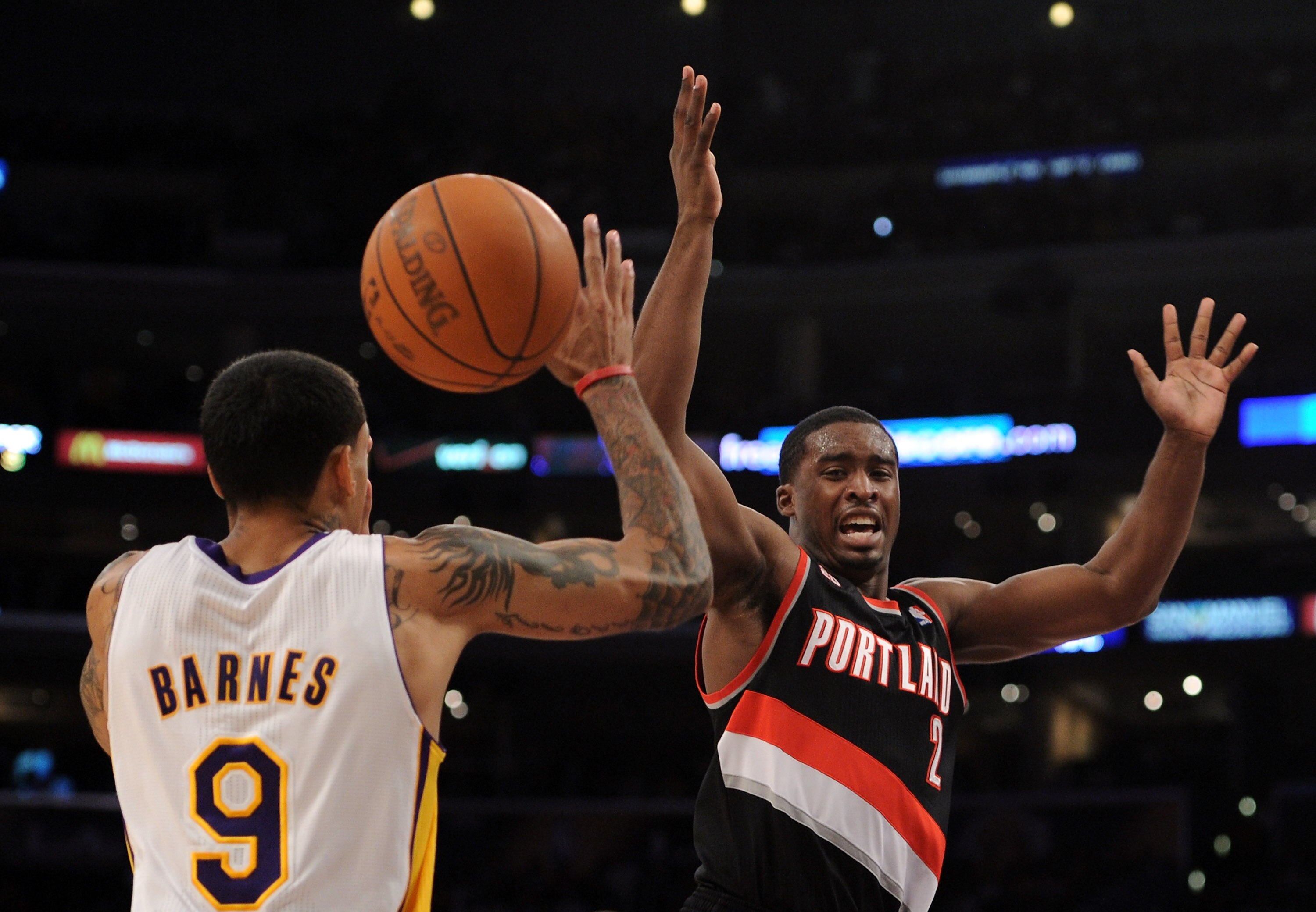 LOS ANGELES, CA - NOVEMBER 07:  Wesley Matthews #2 of the Portland Trail Blazers loses the ball in front of Matt Barnes #9 of the Los Angeles Lakers at the Staples Center on November 7, 2010 in Los Angeles, California.  NOTE TO USER: User expressly acknow