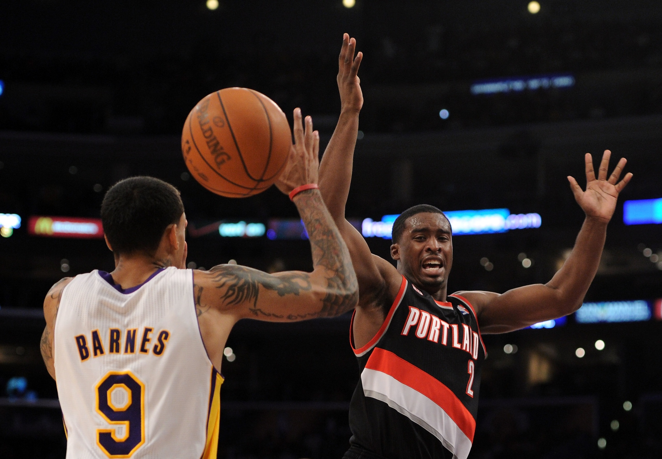 LOS ANGELES, CA - NOVEMBER 07:  Wesley Matthews #2 of the Portland Trail Blazers loses the ball in front of Matt Barnes #9 of the Los Angeles Lakers at the Staples Center on November 7, 2010 in Los Angeles, California.  NOTE TO USER: User expressly acknow