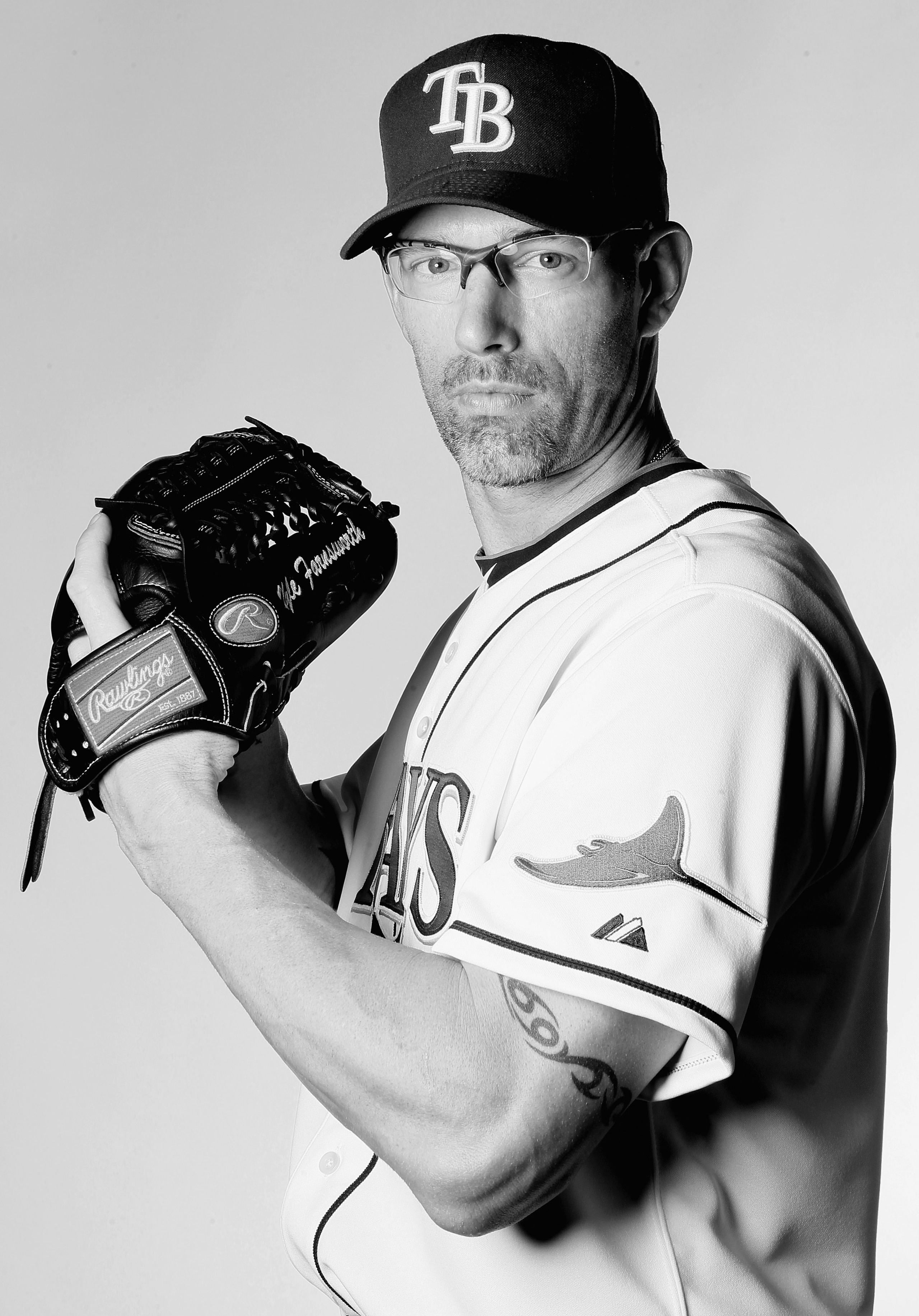 FT. MYERS, FL - FEBRUARY 22: (EDITOR'S NOTE: THIS IMAGE HAS BEEN CONVERTED TO BLACK AND WHITE) Kyle Farnsworth #43 of the Tampa Bay Rays poses for a portrait during the Tampa Bay Rays Photo Day on February 22, 2011 at the Charlotte Sports Complex in Port