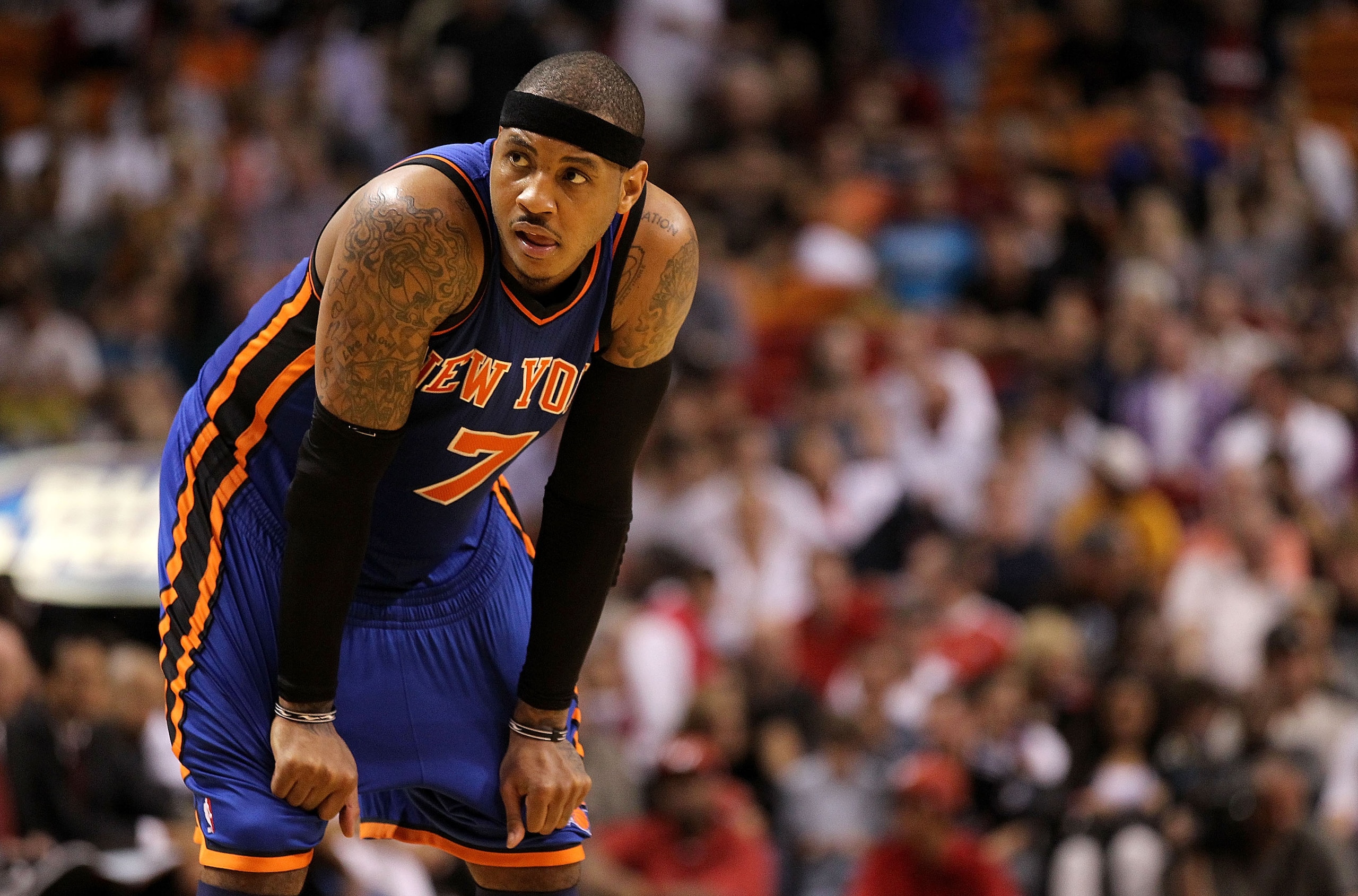 MIAMI, FL - FEBRUARY 27:  Carmelo Anthony #7 of the New York Knicks looks on during a foul shot during a game gainst the Miami Heat at American Airlines Arena on February 27, 2011 in Miami, Florida. NOTE TO USER: User expressly acknowledges and agrees tha