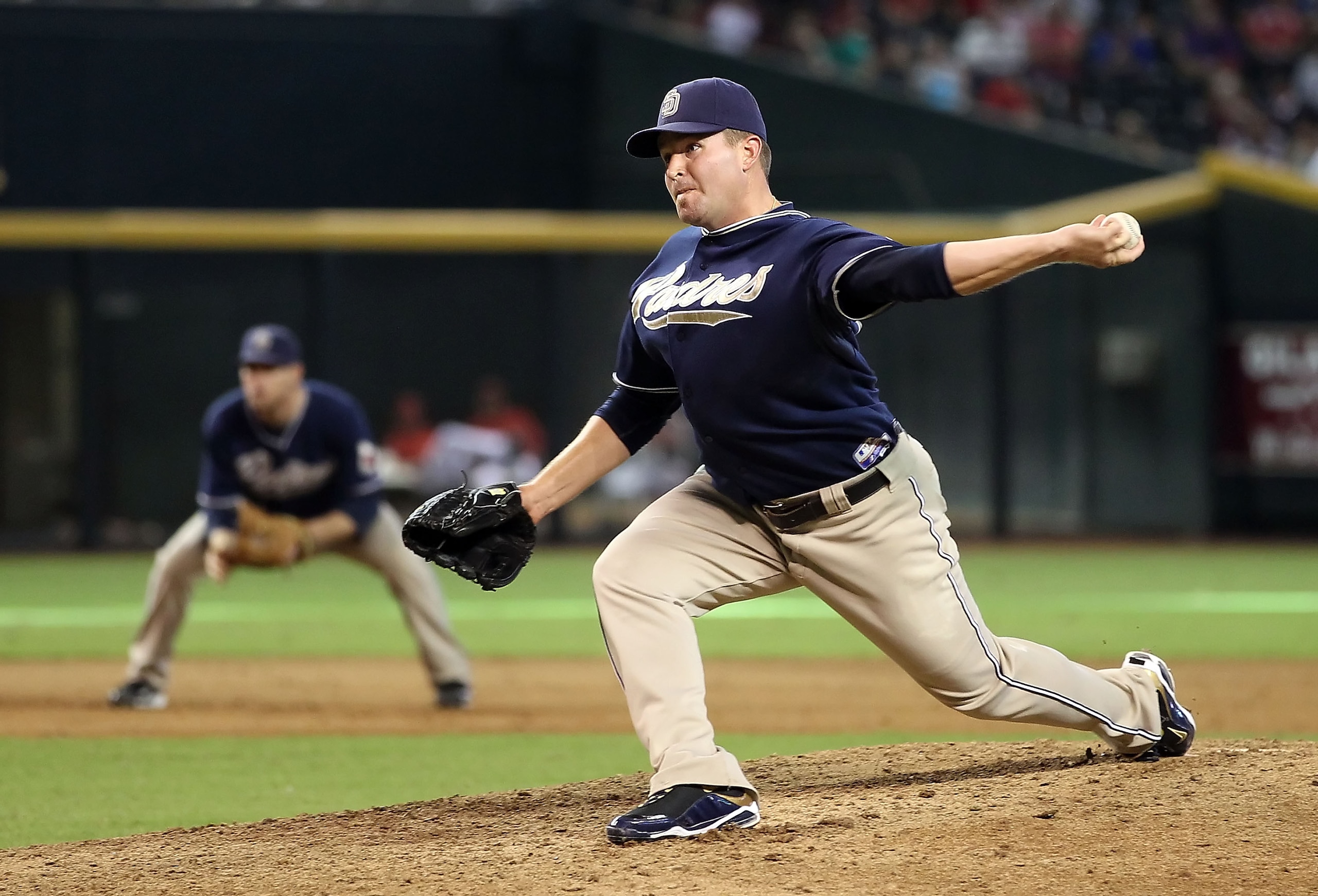 PHOENIX - AUGUST 08:  Relief pitcher Joe Thatcher #54 of the San Diego Padres pitches against the Arizona Diamondbacks during the Major League Baseball game at Chase Field on August 8, 2010 in Phoenix, Arizona. The Padres defeated the Diamondbacks 10-1.