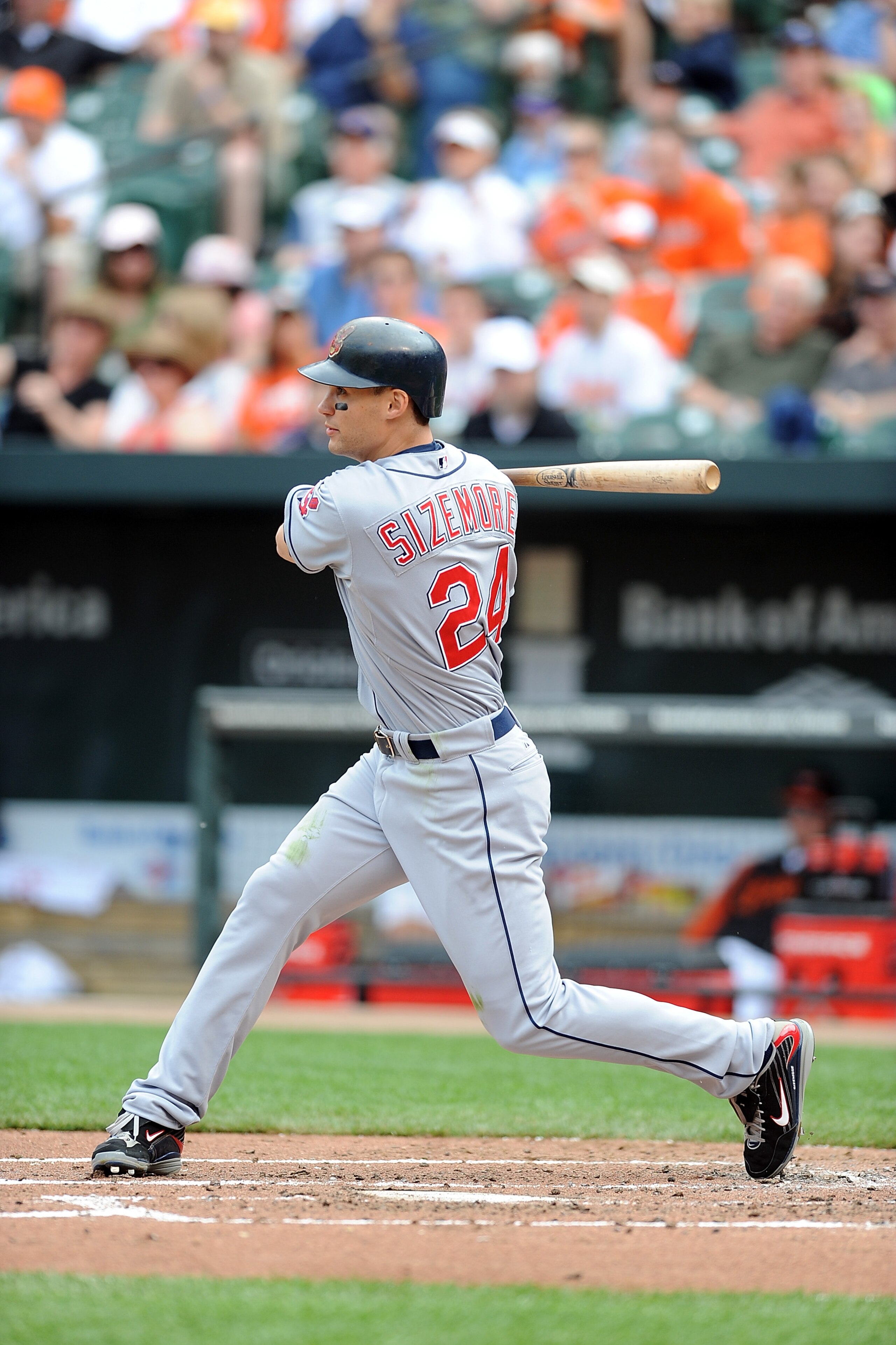 BALTIMORE - MAY 16:  Grady Sizemore #24 of the Cleveland Indians hits a single in the third inning against the Baltimore Orioles at Camden Yards on May 16, 2010 in Baltimore, Maryland.  (Photo by Greg Fiume/Getty Images)