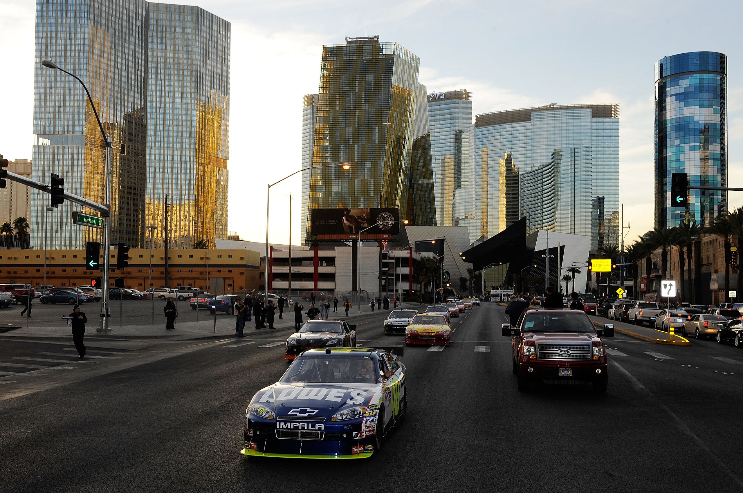 LAS VEGAS, NV - DECEMBER 02:  NASCAR driver Jimmie Johnson leads cars during the NASCAR Victory Lap through the streets of Las Vegas on December 2, 2010 in Las Vegas, Nevada.  (Photo by Rusty Jarrett/Getty Images for NASCAR)