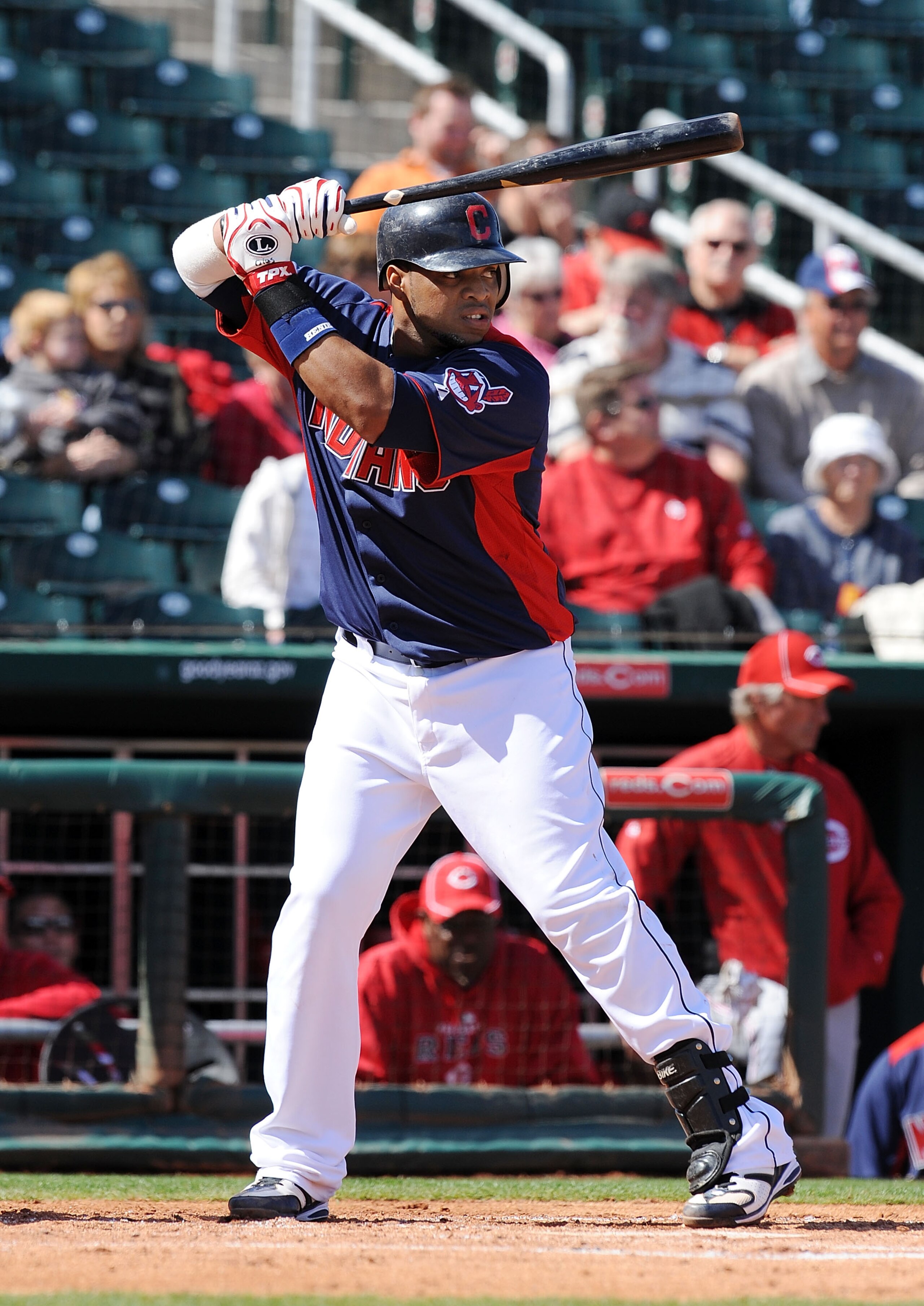 GOODYEAR, AZ - FEBRUARY 27:  Carlos Santana #41 of the Cleveland Indians gets ready in the batters box against the Cincinnati Reds at Goodyear Ballpark on February 27, 2011 in Goodyear, Arizona.  (Photo by Norm Hall/Getty Images)