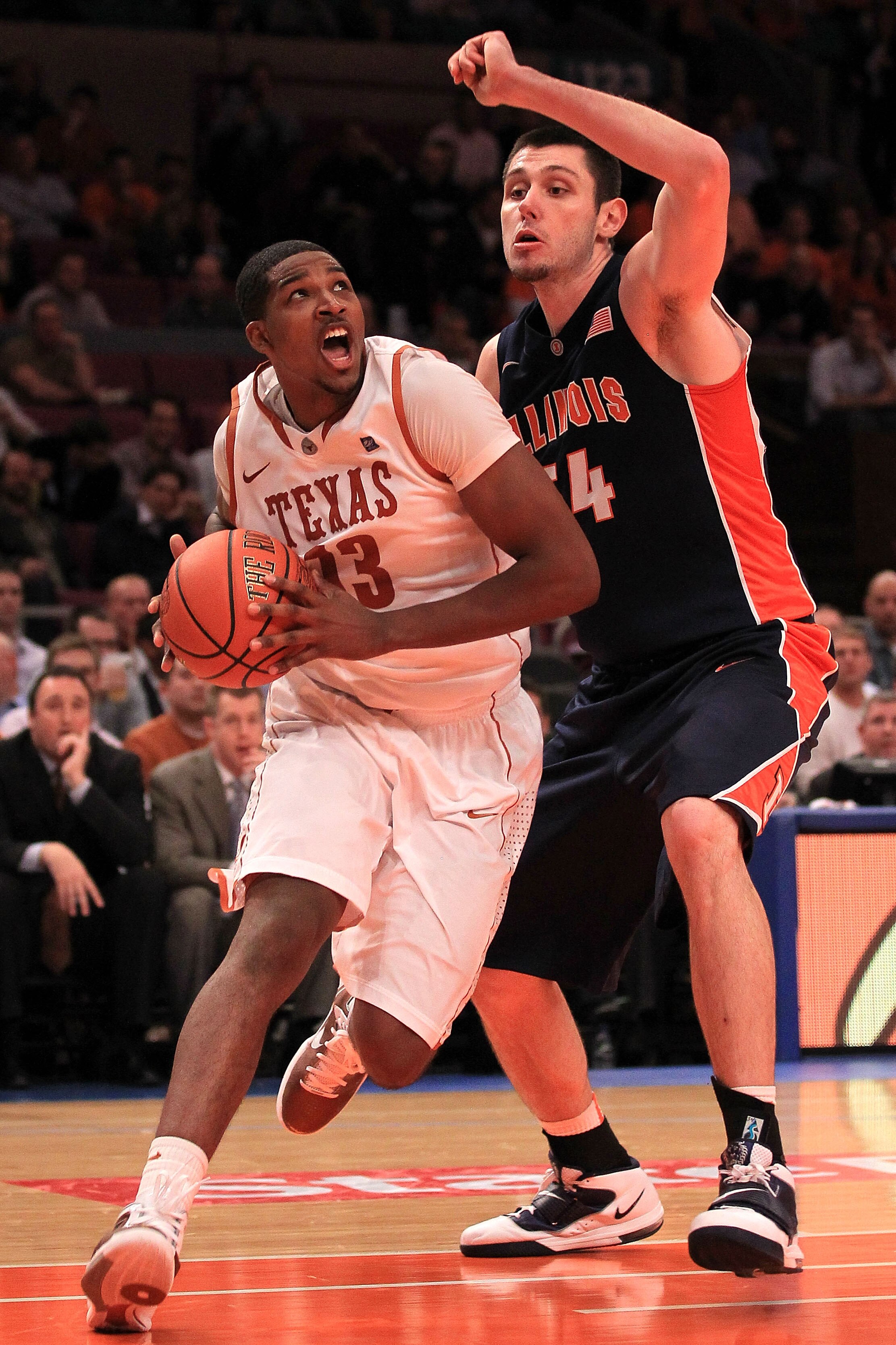 NEW YORK - NOVEMBER 18:  Tristan Thompson #13 of the Texas Longhorns drives past Mike Tisdale #54 of the Illinois Fighting Illini during the 2k Sports Classic at Madison Square Garden on November 18, 2010 in New York, New York.  (Photo by Chris McGrath/Ge