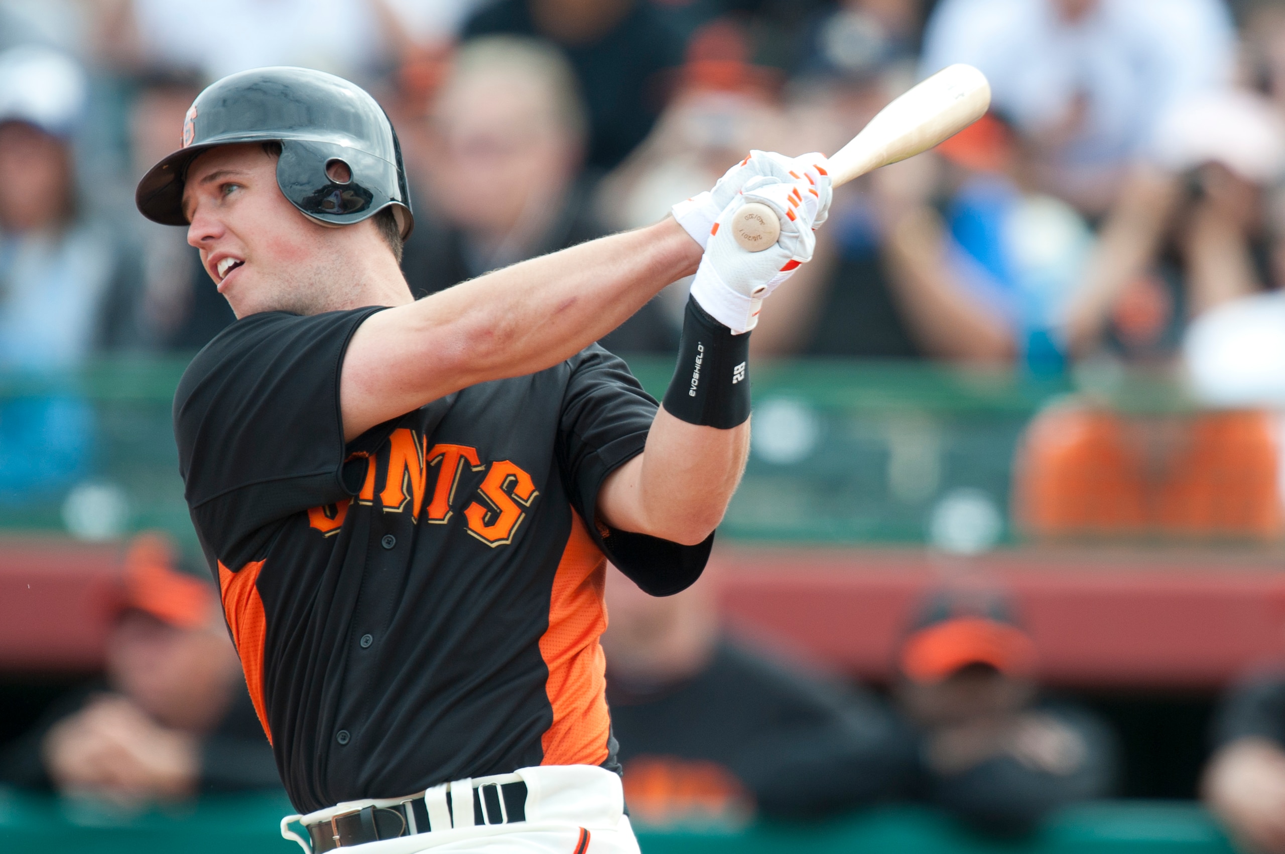 SCOTTSDALE, AZ - FEBRUARY 25: Buster Posey #28 of the San Francisco Giants bats during a spring training game against the Arizona Diamondbacks at Scottsdale Stadium on February 25, 2011 in Scottsdale, Arizona. (Photo by Rob Tringali/Getty Images)