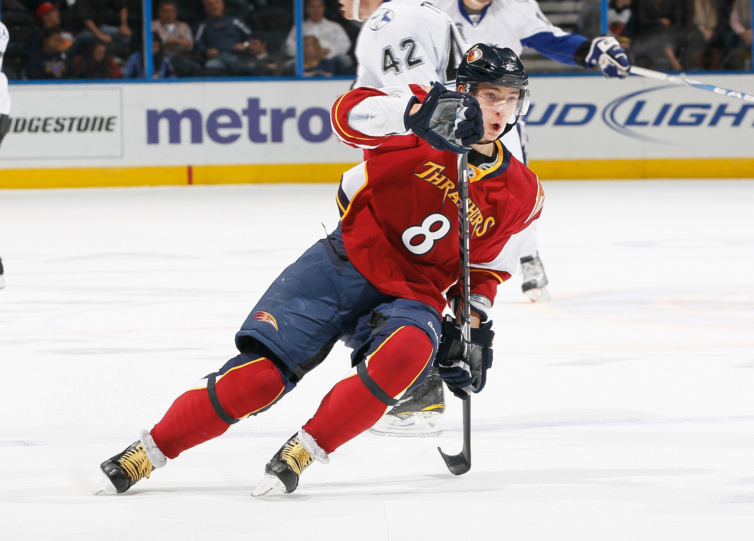 ATLANTA - OCTOBER 22:  Alexander Burmistrov #8 of the Atlanta Thrashers against the Tampa Bay Lightning at Philips Arena on October 22, 2010 in Atlanta, Georgia.  (Photo by Kevin C. Cox/Getty Images)