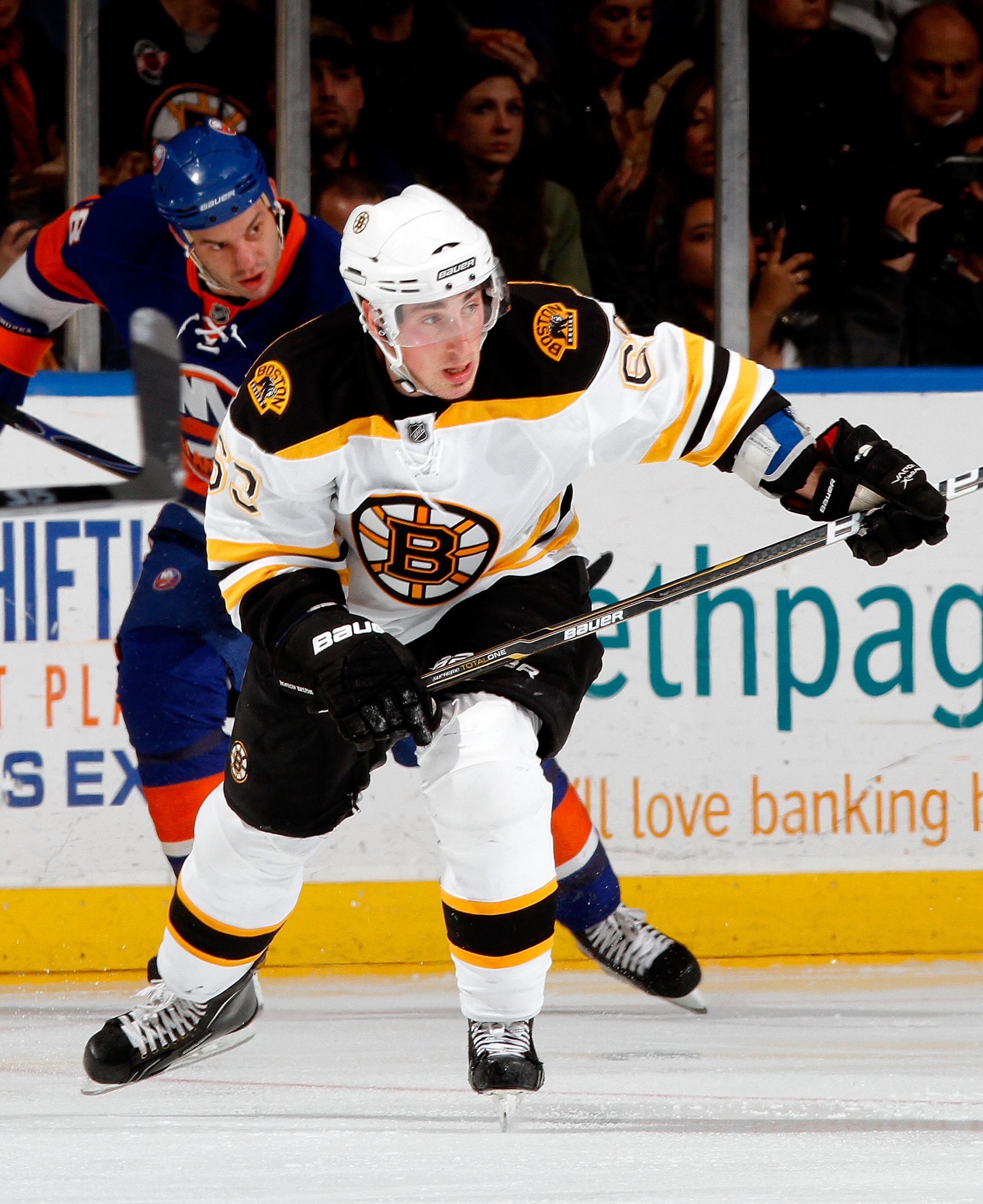 UNIONDALE, NY - FEBRUARY 17:  Brad Marchand #63 of the Boston Bruins skates during an NHL hockey game against the New York Islanders at the Nassau Coliseum on February 17, 2011 in Uniondale, New York.  (Photo by Paul Bereswill/Getty Images)
