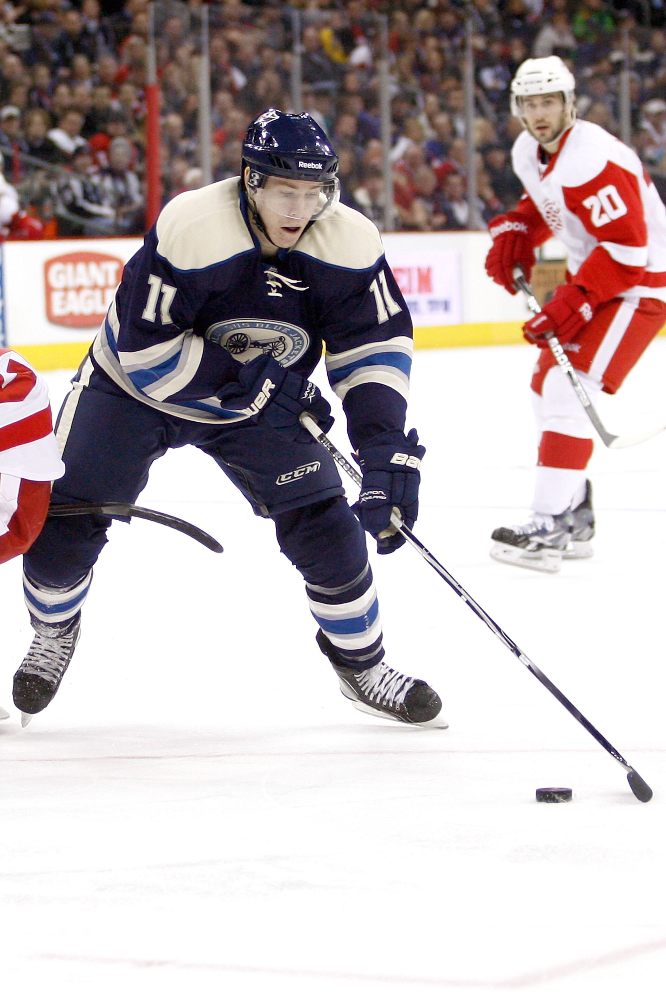 COLUMBUS, OH - JANUARY 14:  Matt Calvert #11 of the Columbus Blue Jackets skates the puck up ice against the Detroit Red Wings on January 14, 2011 at Nationwide Arena in Columbus, Ohio. (Photo by John Grieshop/Getty Images)