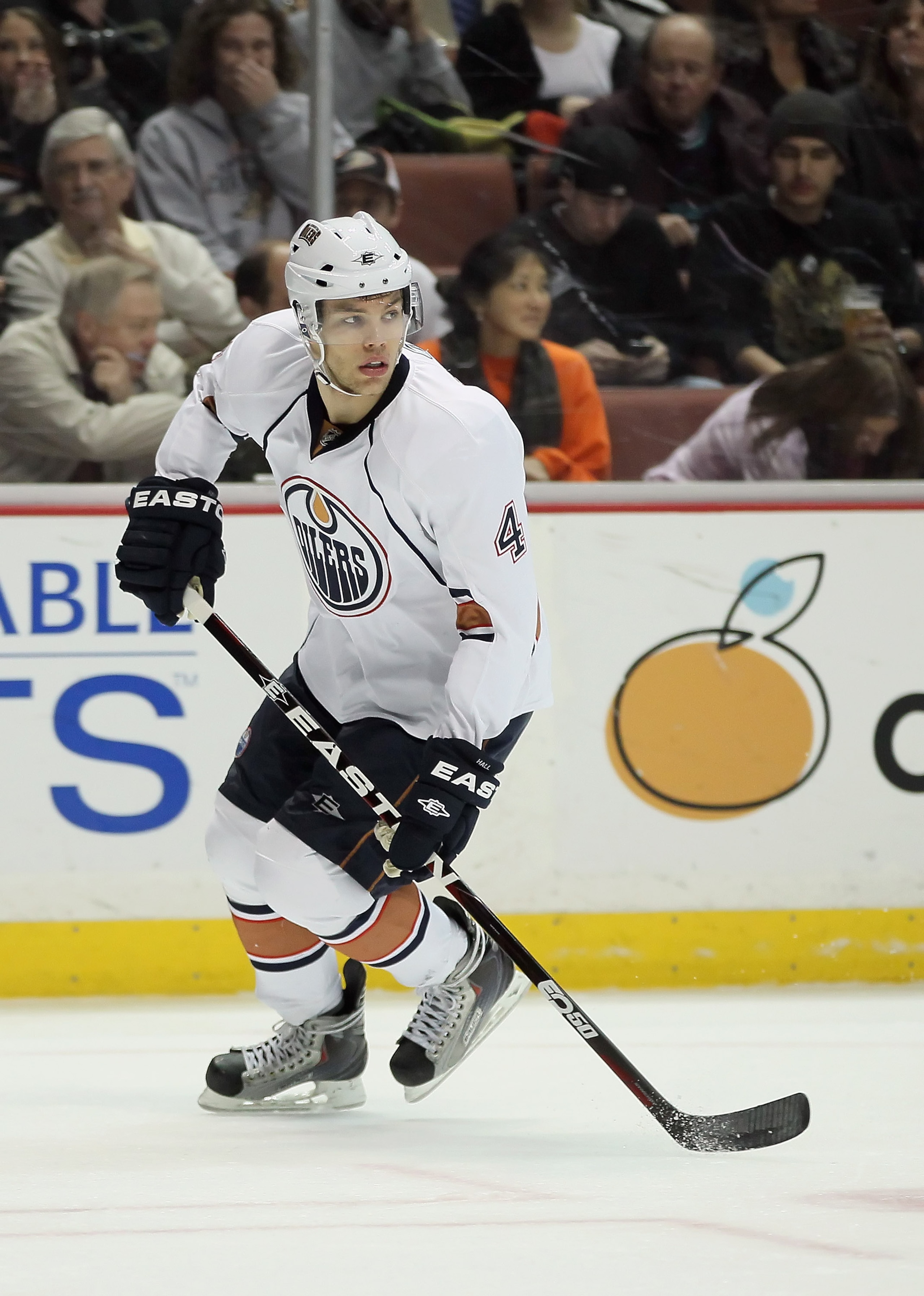 ANAHEIM, CA - JANUARY 16:  Taylor Hall #4 of the Edmonton Oilers skates against the Anaheim Ducks at the Honda Center on January 16, 2011 in Anaheim, California.  (Photo by Jeff Gross/Getty Images)