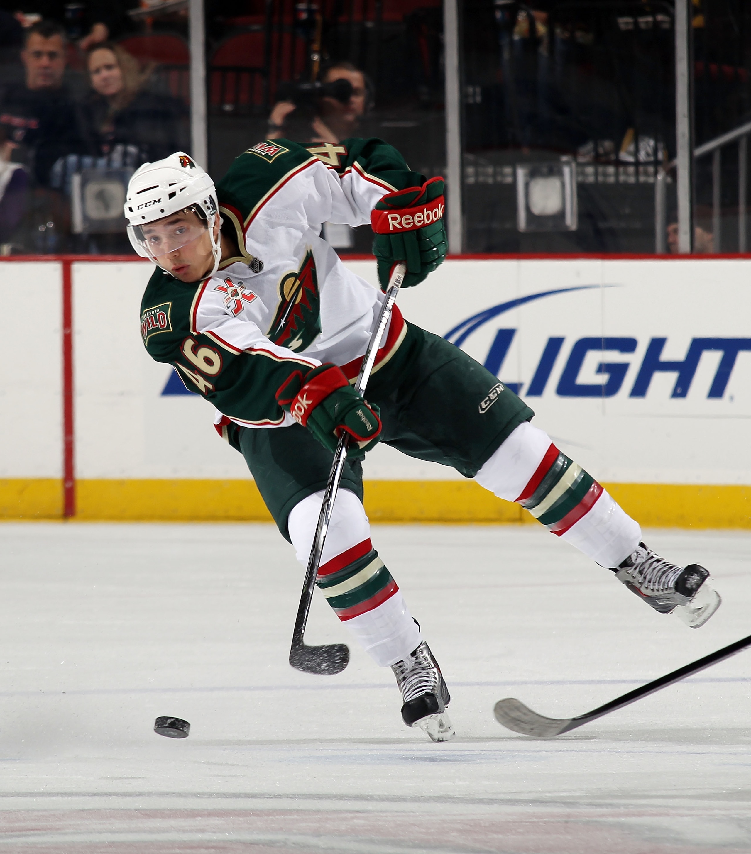 NEWARK, NJ - JANUARY 04:  Jared Spurgeon #46 of the Minnesota Wild skates against the New Jersey Devils at the Prudential Center on January 4, 2011 in Newark, New Jersey. The Wild defeated the Devils 2-1.  (Photo by Bruce Bennett/Getty Images)