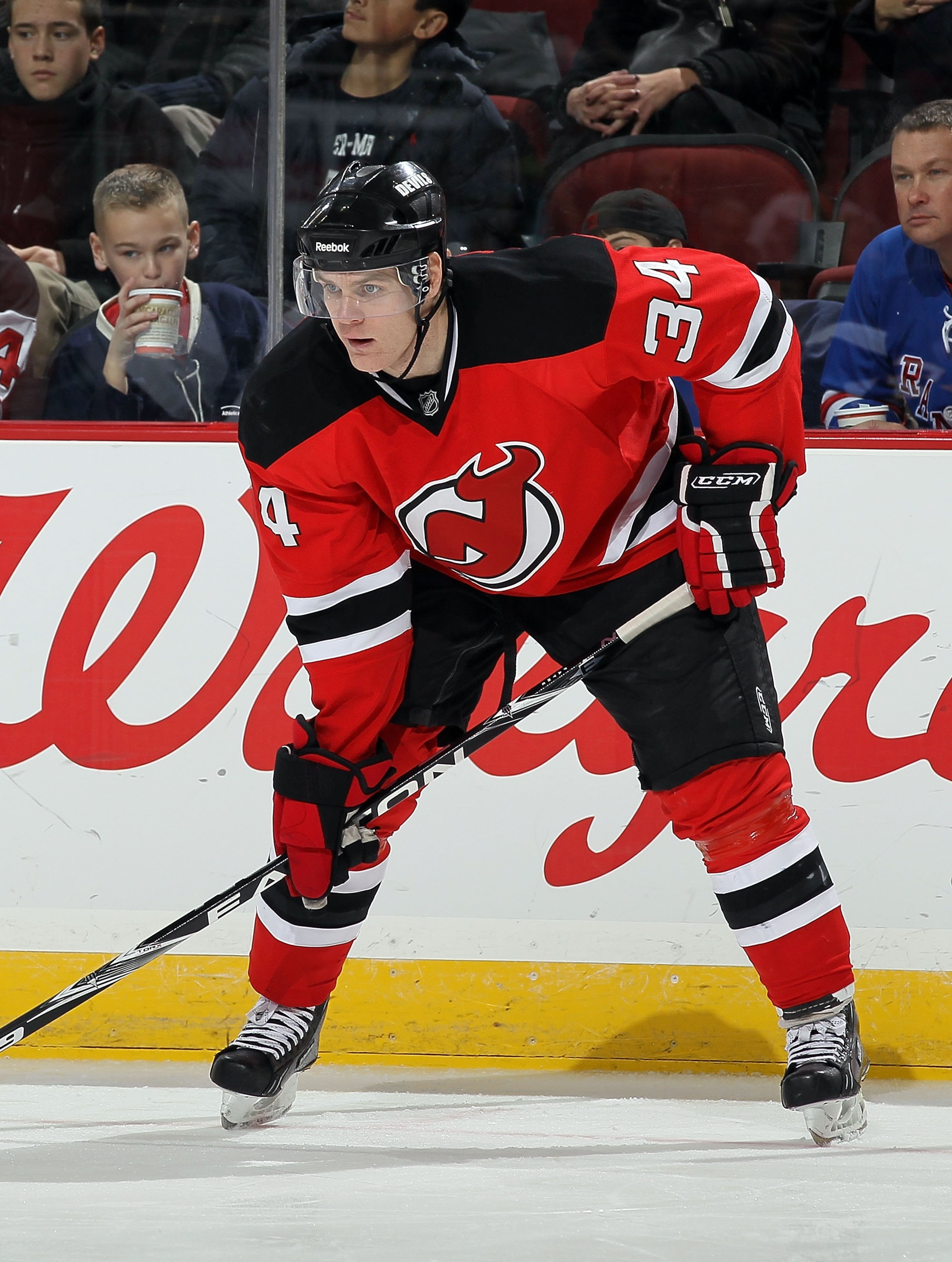 NEWARK, NJ - DECEMBER 31:  Mark Fayne #34 of the New Jersey Devils skates against the Atlanta Thrashers at the Prudential Center on December 31, 2010 in Newark, New Jersey.  (Photo by Jim McIsaac/Getty Images)