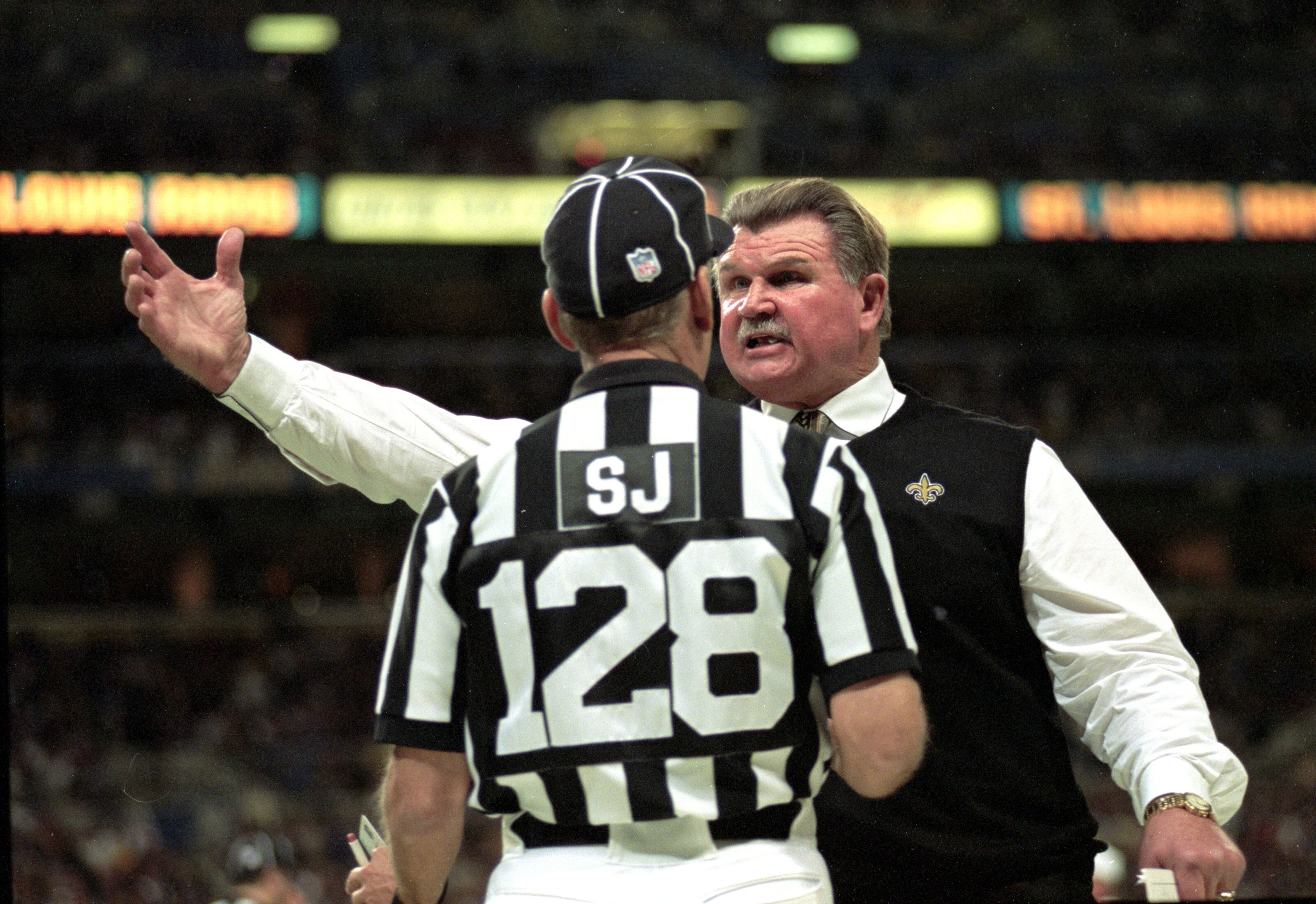 28 Nov 1999:  Head coach Mike Ditka of the New Orleans Saints yells at side judge #128 Larry Rose during a game against the St. Louis Rams at the Trans World Dome in St. Louis, Missouri. The Rams defeated the Saints 43-12. Mandatory Credit: Elsa Hasch  /A