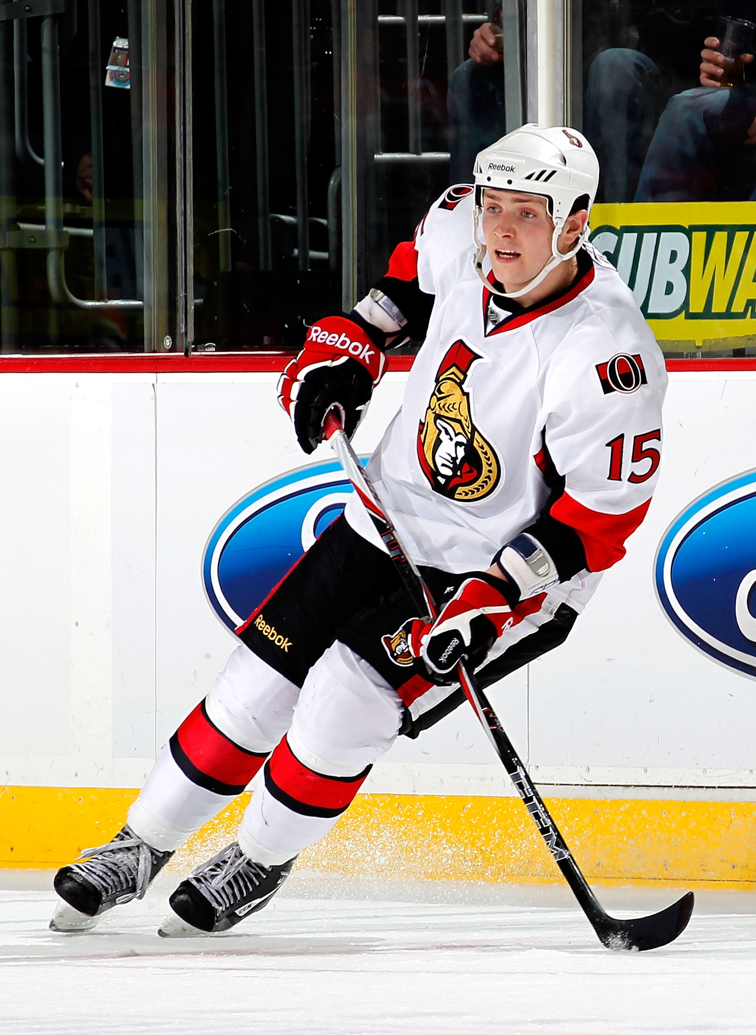 NEWARK, NJ - FEBRUARY 01:  Zack Smith #15 of the Ottawa Senators skates in an NHL hockey game against the New Jersey Devils at the Prudential Center on February 1, 2011 in Newark, New Jersey.  (Photo by Paul Bereswill/Getty Images)