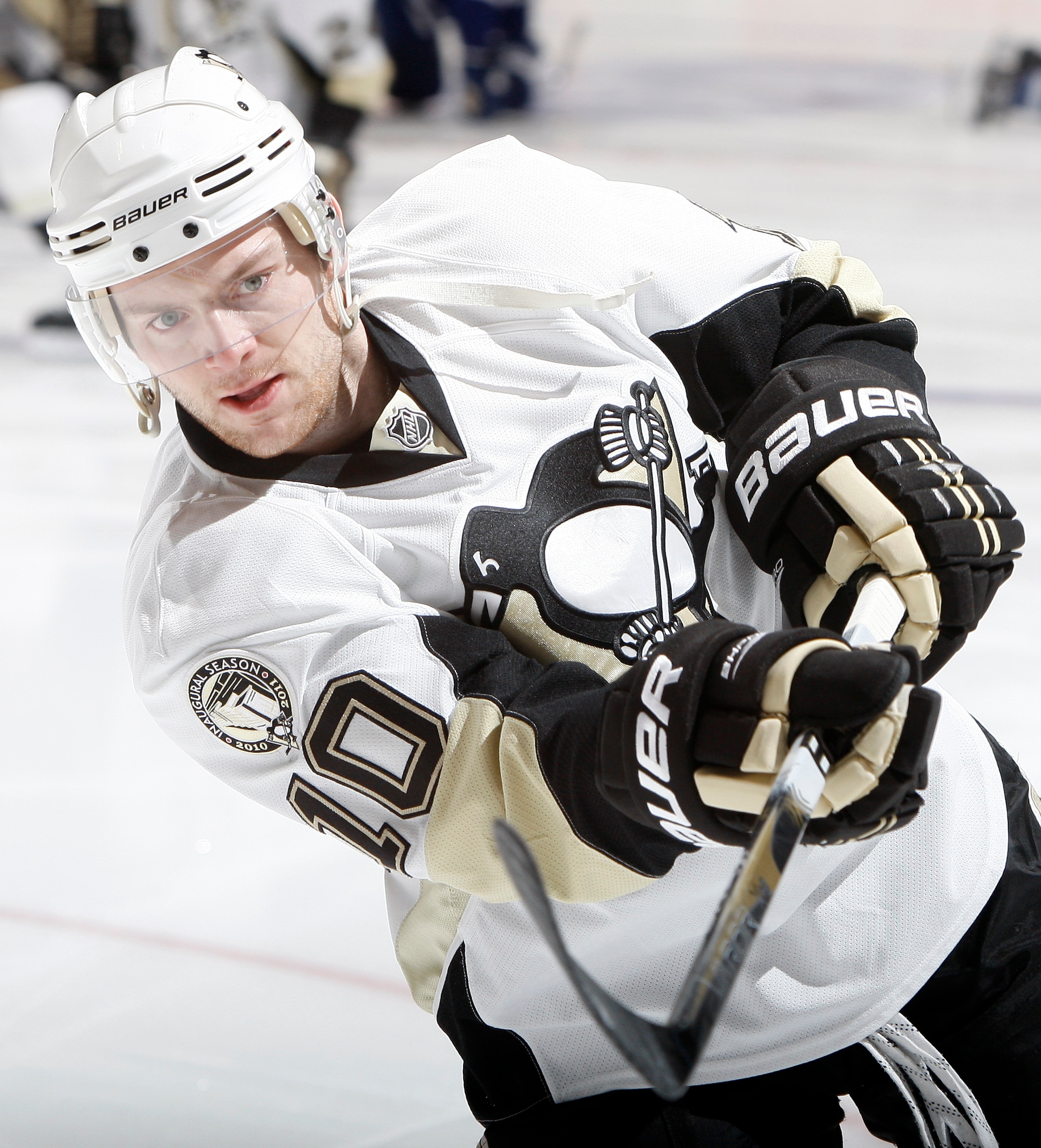 TORONTO, CANADA - FEBRUARY 26: Mark Letestu #10 of the Pittsburgh Penguins shoots during warmup before game action against the Toronto Maple Leafs at the Air Canada Centre February 26, 2011 in Toronto, Ontario, Canada. (Photo by Abelimages/Getty Images)