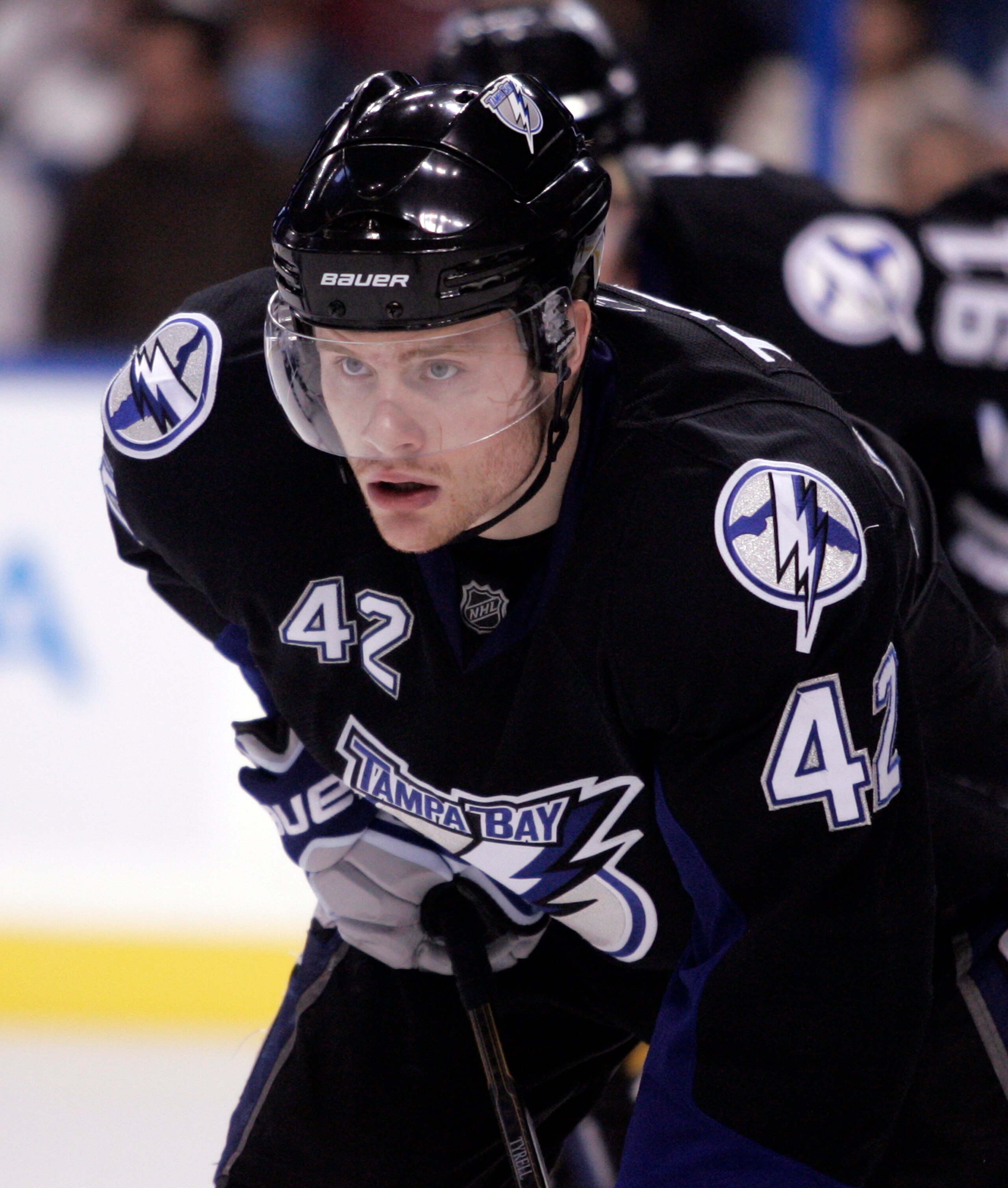 TAMPA, FL - JANUARY 25: Dana Tyrell #42 of the Tampa Bay Lightning skates against the Toronto Maple Leafs at St. Pete Times Forum on January 25, 2011 in Tampa, Florida. The Lightning defeated the Leafs 2-0. (Photo by Justin K. Aller/Getty Images)