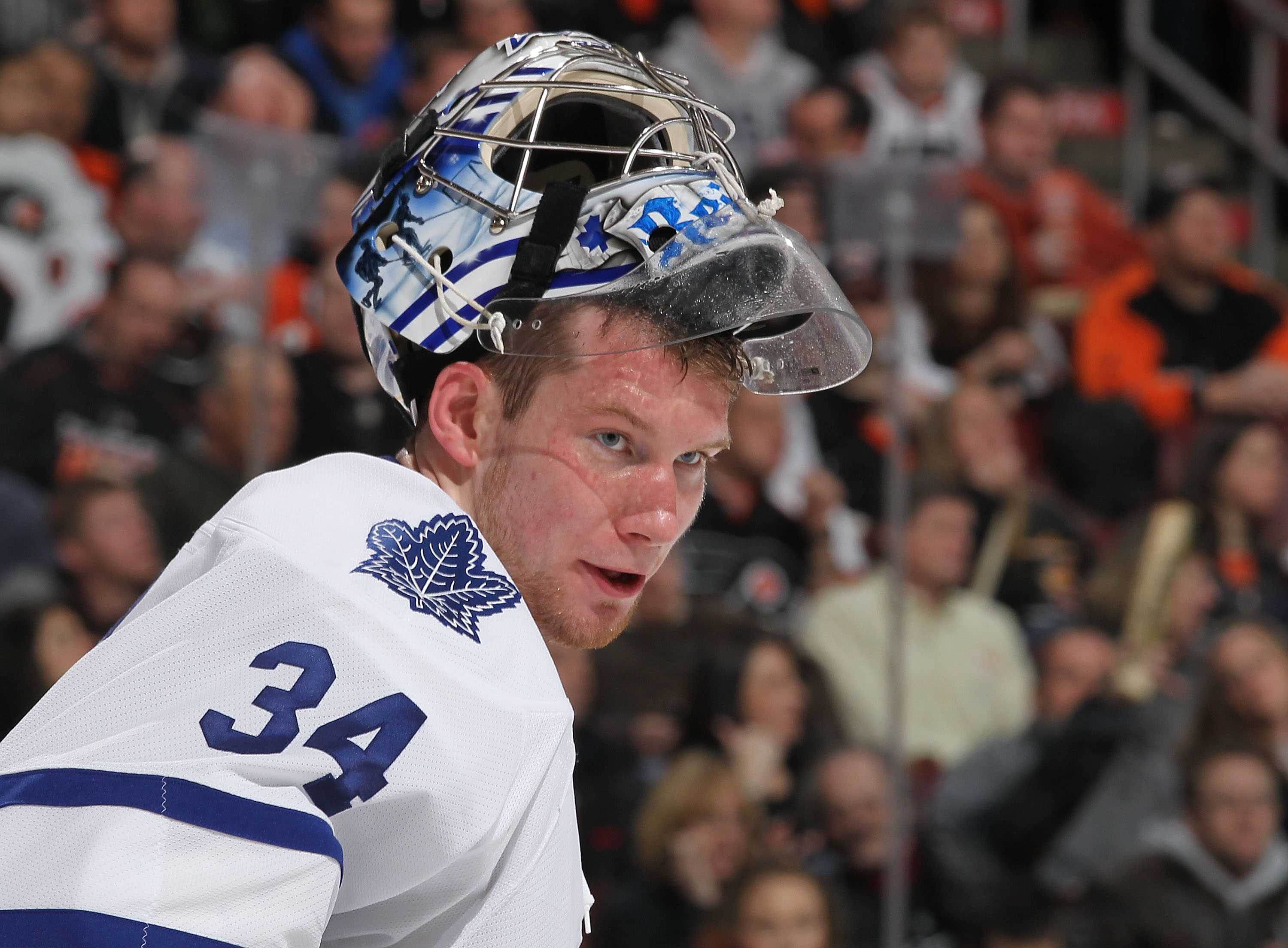 PHILADELPHIA - MARCH 03:  James Reimer #34 of the Toronto Maple Leafs looks on against the Philadelphia Flyers during their game on March 3, 2011 at The Wells Fargo Center in Philadelphia, Pennsylvania.  (Photo by Al Bello/Getty Images)