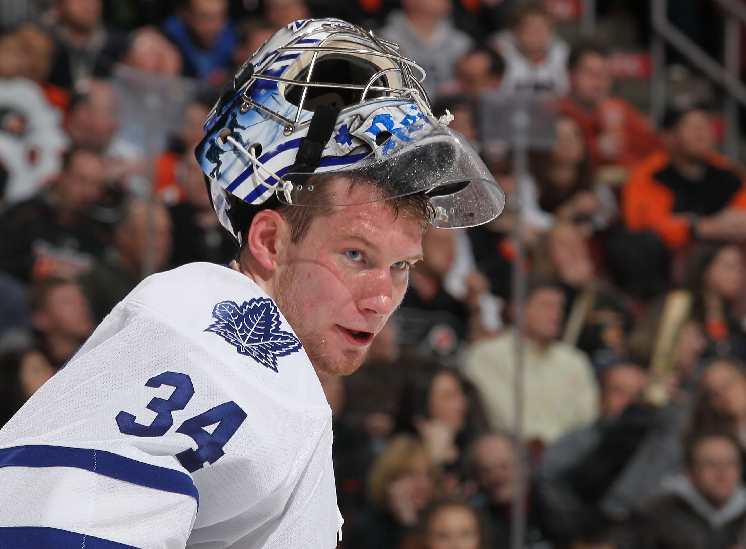 PHILADELPHIA - MARCH 03:  James Reimer #34 of the Toronto Maple Leafs looks on against the Philadelphia Flyers during their game on March 3, 2011 at The Wells Fargo Center in Philadelphia, Pennsylvania.  (Photo by Al Bello/Getty Images)