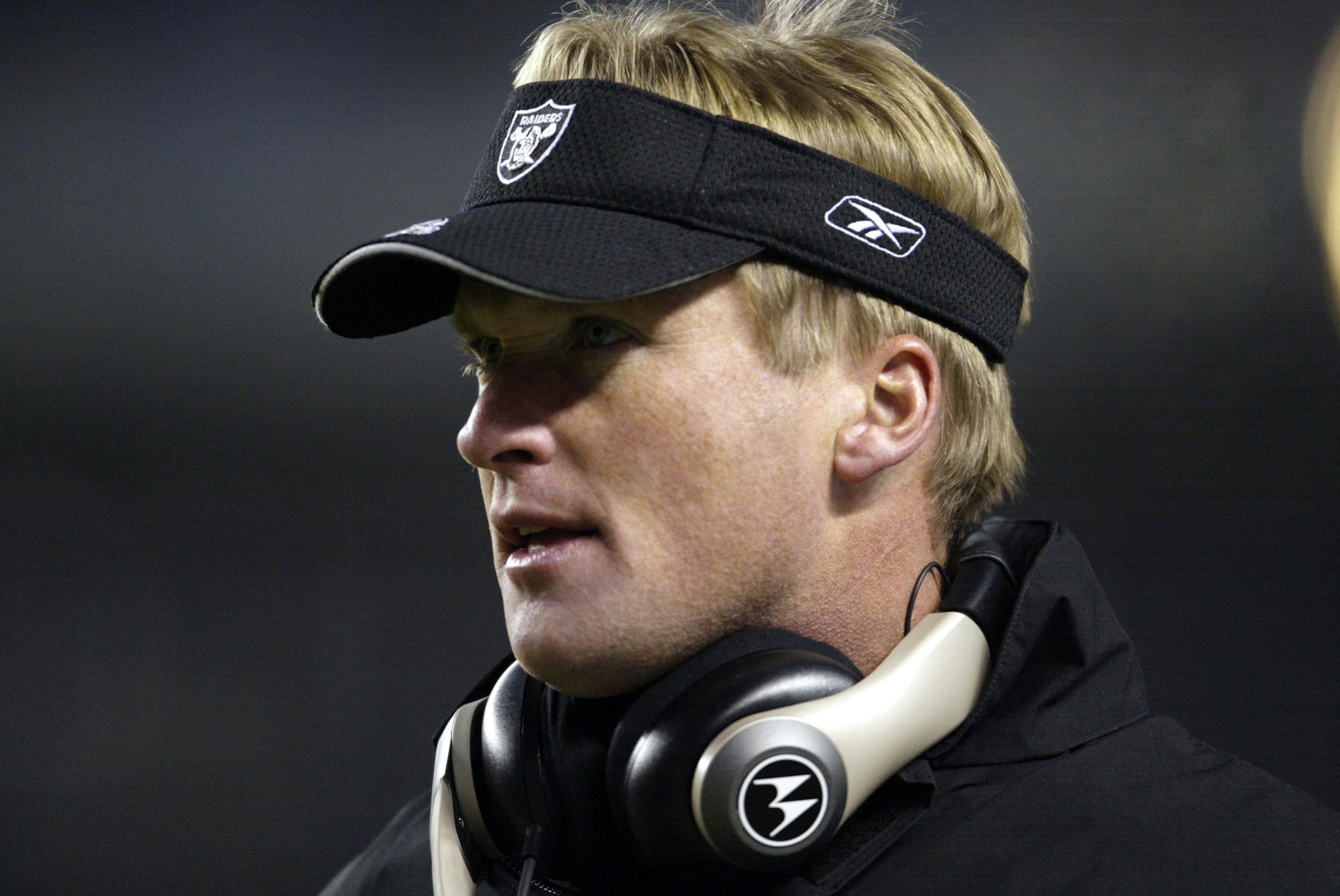 30 Dec 2001: Head coach Jon Gruden of the Oakland Raiders during the game against the Denver Broncos at Invesco Field at Mile High Stadium in Denver, Colorado. The Broncos won 23-17. DIGITAL IMAGE. Mandatory Credit: Brian Bahr/Getty Images 30 Dec 2001: Head coach Jon Gruden of the Oakland Raiders during the game against the Denver Broncos at Invesco Field at Mile High Stadium in Denver, Colorado. The Broncos won 23-17. DIGITAL IMAGE. Mandatory Credit: Brian Bahr/Getty Images