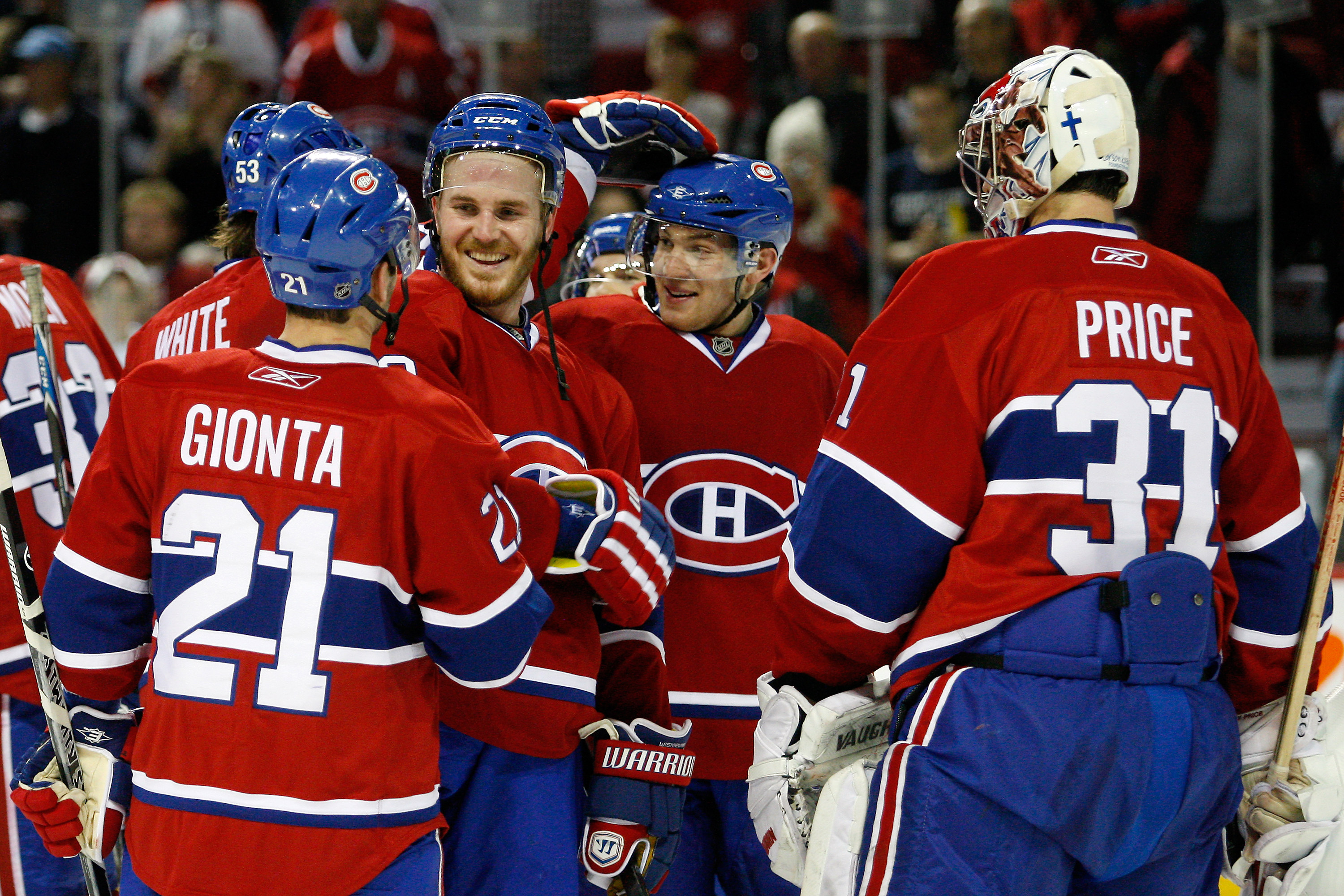 MONTREAL, CANADA - FEBRUARY 12:  Members of the Montreal Canadiens celebrate their 3-0 victory over the Toronto Maple Leafs during the NHL game at the Bell Centre on February 12, 2011 in Montreal, Quebec, Canada.  The Canadiens defeated the Maple Leafs 3-