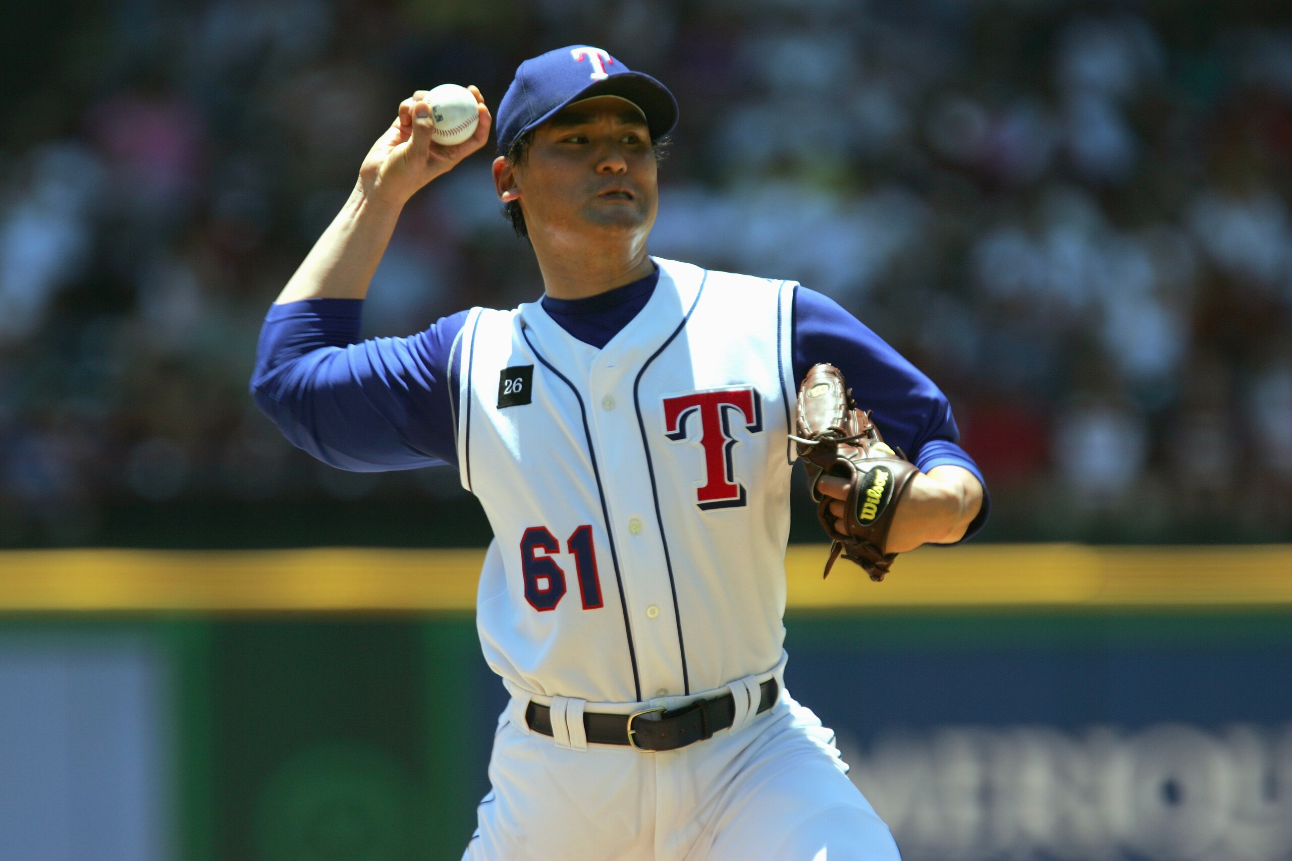 ARLINGTON, TX - JULY 24: Chan Ho Park #21 of the Texas Rangers pitches during the game with the Oakland Atheltics on July 24, 2005 at Ameriquest Field in Arlington in Arlington, Texas. The Athletics defeated the Rangers 8-3. (Photo by Ronald Martinez/G ARLINGTON, TX - JULY 24: Chan Ho Park #21 of the Texas Rangers pitches during the game with the Oakland Atheltics on July 24, 2005 at Ameriquest Field in Arlington in Arlington, Texas. The Athletics defeated the Rangers 8-3. (Photo by Ronald Martinez/G
