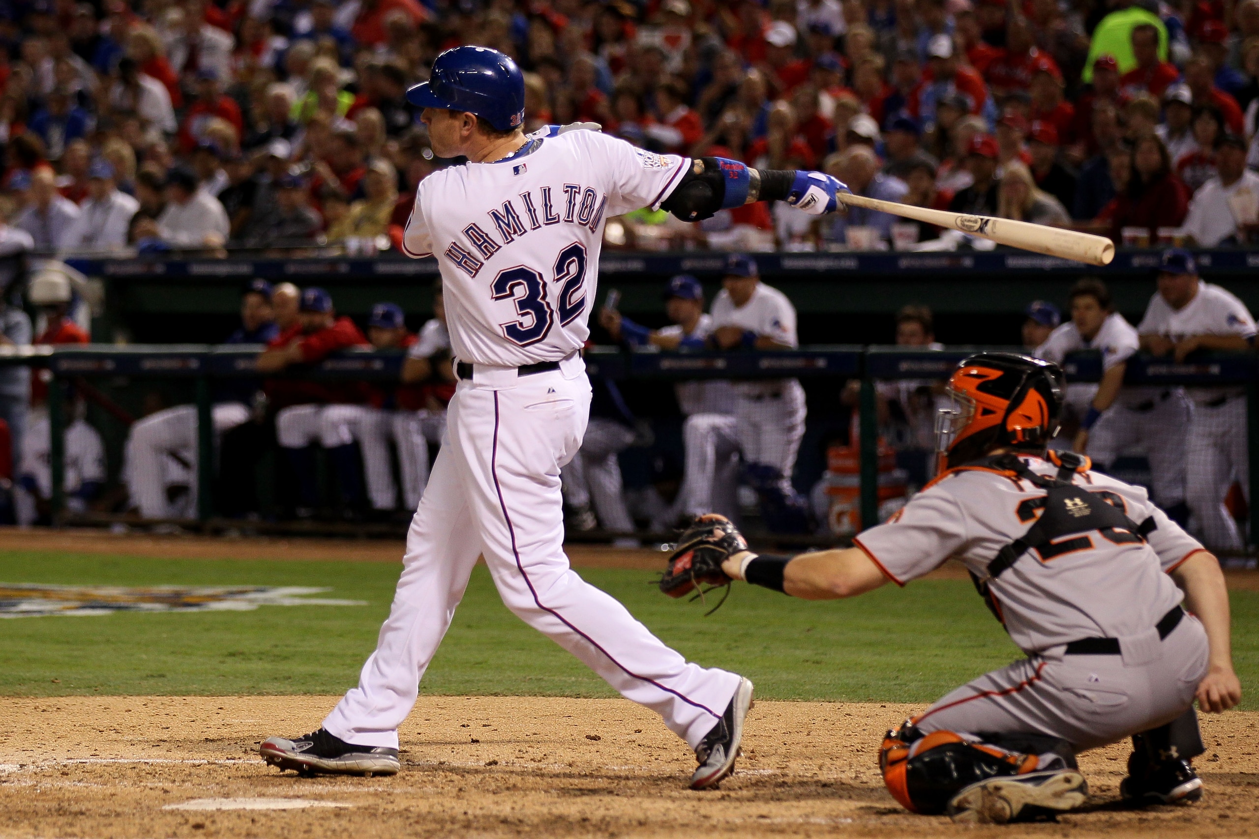 ARLINGTON, TX - OCTOBER 30: Josh Hamilton #32 of the Texas Rangers hits a solo home run in the bottom of the fifth inning against the San Francisco Giants in Game Three of the 2010 MLB World Series at Rangers Ballpark in Arlington on October 30, 2010 in ARLINGTON, TX - OCTOBER 30: Josh Hamilton #32 of the Texas Rangers hits a solo home run in the bottom of the fifth inning against the San Francisco Giants in Game Three of the 2010 MLB World Series at Rangers Ballpark in Arlington on October 30, 2010 in