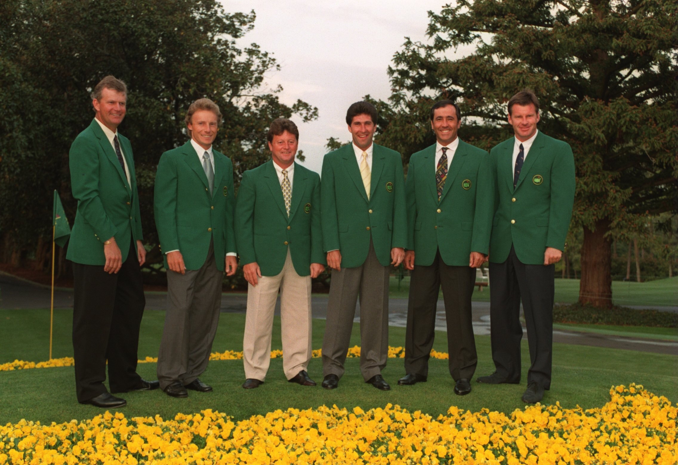 4  APR 1995:  PAST EUROPEAN MASTERS CHAMPIONS LEFT TO RIGHT SANDY LYLE OF SCOTLAND, BERNHARD LANGER OF GERMANY, IAN WOOSNAM OF WALES, JOSE MARIA OLAZABAL OF SPAIN, SEVE BALLESTEROS OF SPAIN AND NICK FALDO OF ENGLAND POSE OUTSIDE THE CLUBHOUSE PRIOR TO THE