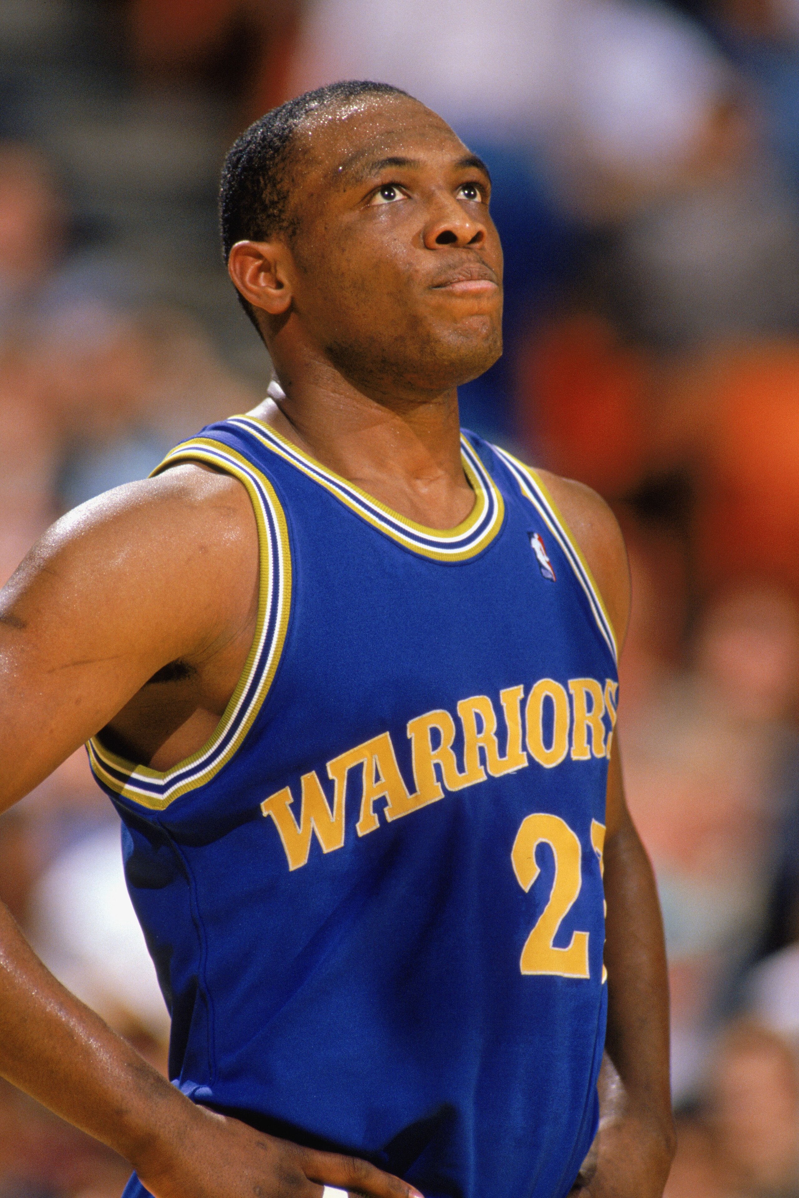 1989:  Mitch Richmond #23 of the Golden State Warriors looks at the scoreboard during an NBA game in the 1989-90 season. NOTE TO USER: User expressly acknowledges and agrees that, by downloading and/or using this Photograph, User is consenting to the term