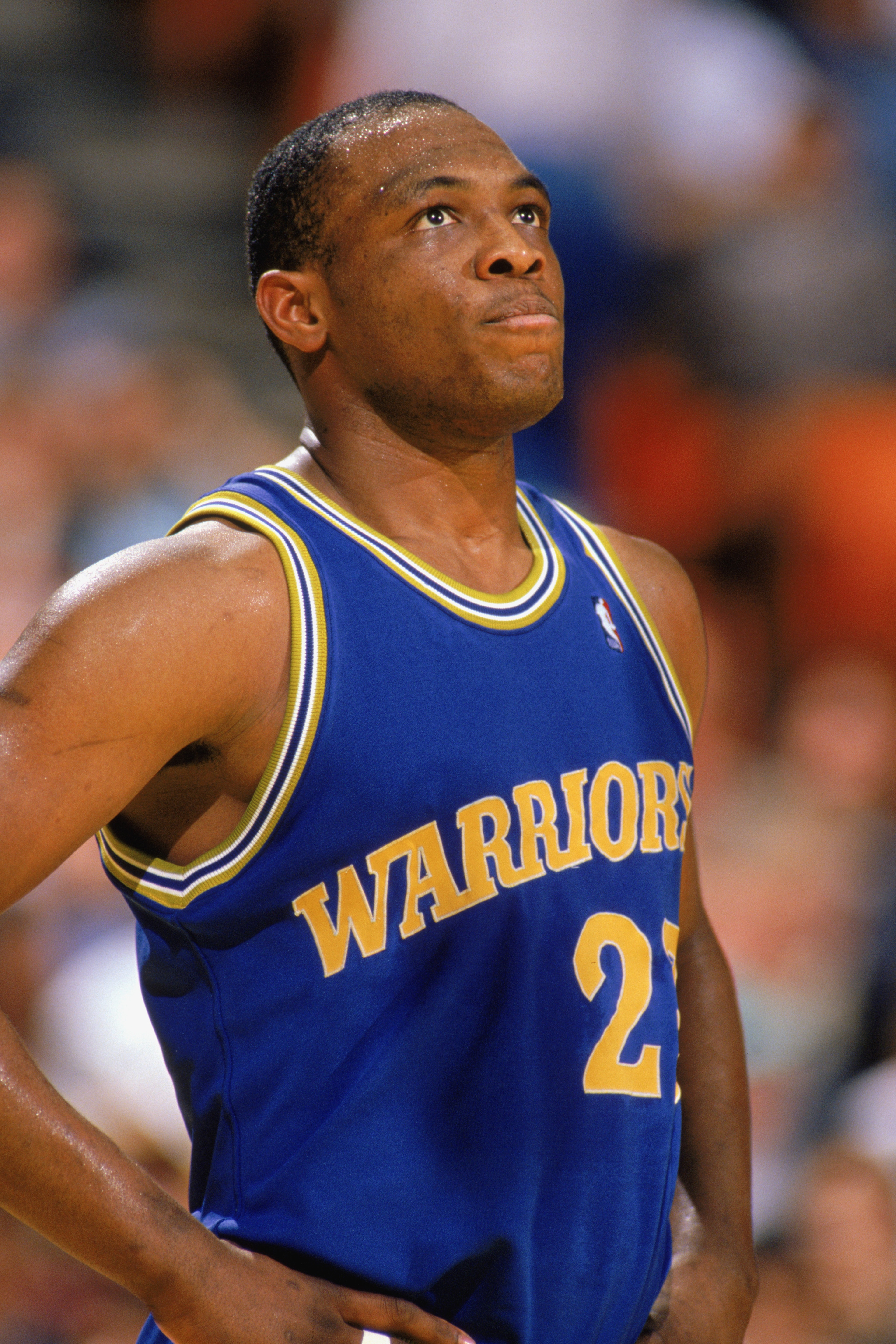 1989:  Mitch Richmond #23 of the Golden State Warriors looks at the scoreboard during an NBA game in the 1989-90 season. NOTE TO USER: User expressly acknowledges and agrees that, by downloading and/or using this Photograph, User is consenting to the term