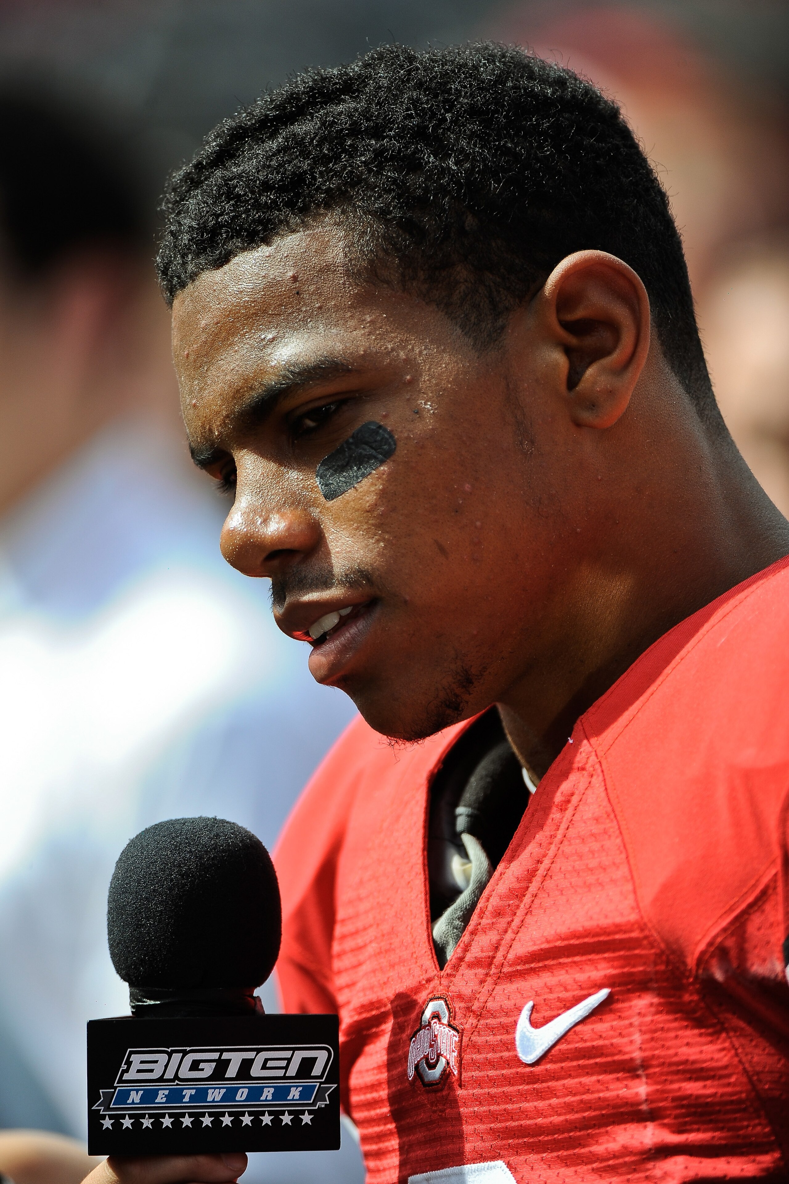 COLUMBUS, OH - SEPTEMBER 18:  Terrelle Pryor #2 of the Ohio State Buckeyes gives a television interview after a game against the Ohio Bobcats at Ohio Stadium on September 18, 2010 in Columbus, Ohio.  (Photo by Jamie Sabau/Getty Images)