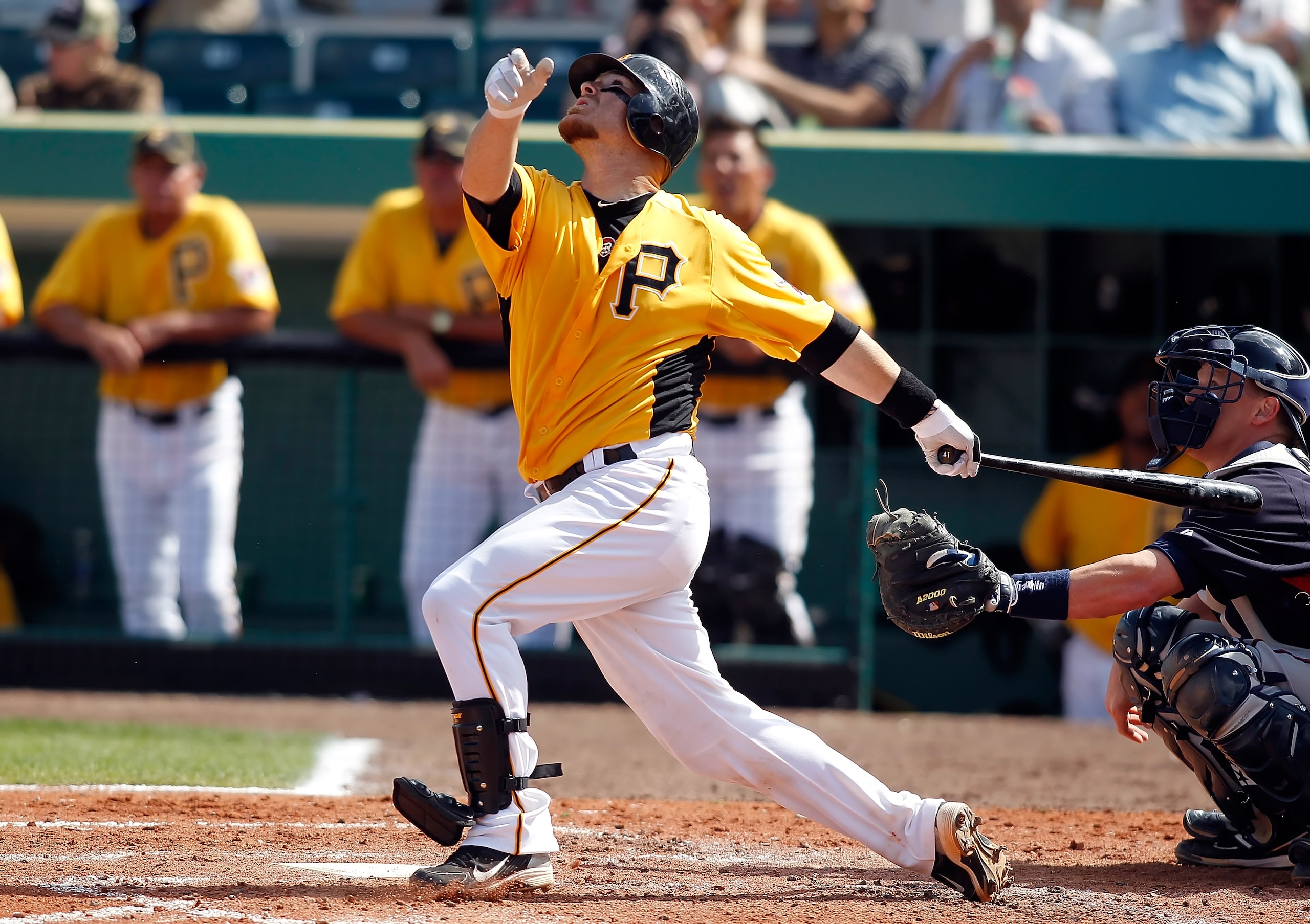BRADENTON, FL - MARCH 02:  Catcher Ryan Doumit #41 of the Pittsburgh Pirates fouls off a pitch against the Minnesota Twins during a Grapefruit League Spring Training Game at McKechnie Field on March 2, 2011 in Bradenton, Florida.  (Photo by J. Meric/Getty