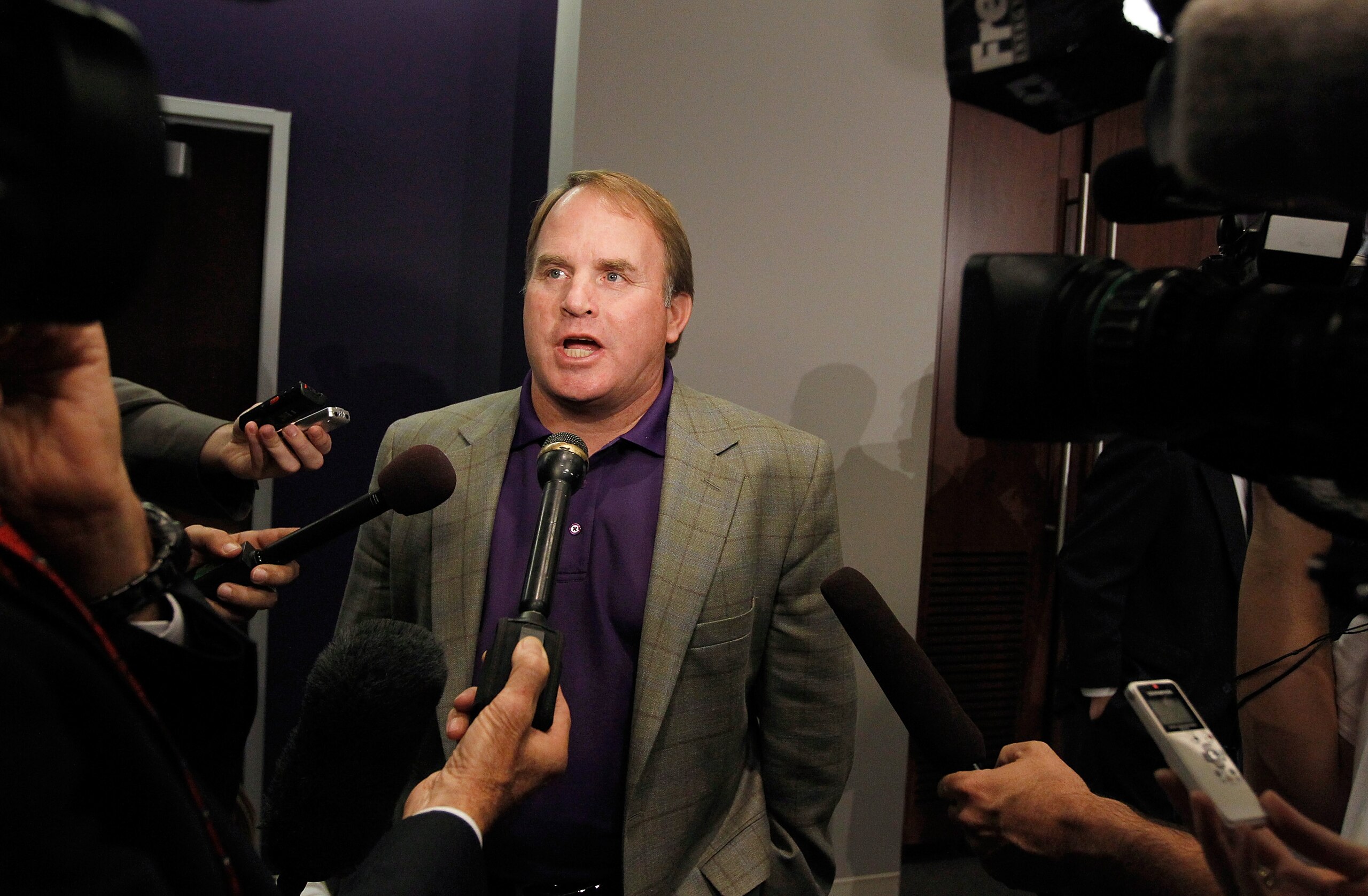 DALLAS - NOVEMBER 29:  Texas Christian University head football coach Gary Patterson talks with the media after TCU accepted an invitation for full membership into The Big East Conference on November 29, 2010 in Fort Worth, Texas.  TCU will leave the Moun
