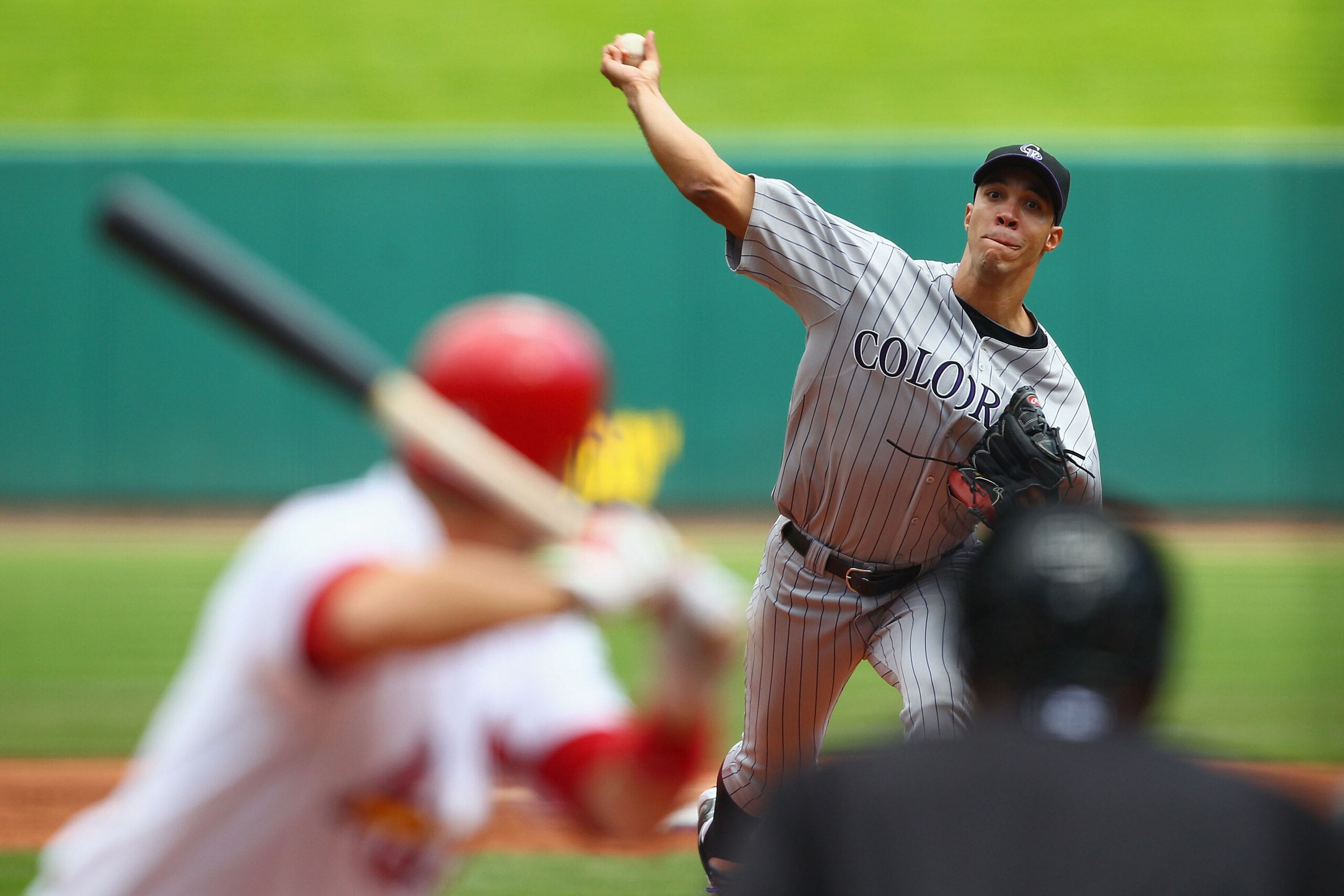 ST. LOUIS - OCTOBER 2: Starter Ubaldo Jimenez #38 of the Colorado Rockies pitches against the St. Louis Cardinals at Busch Stadium on October 2, 2010 in St. Louis, Missouri. The Cardinals beat the Rockies 1-0 in 11 innings. (Photo by Dilip Vishwanat/Get ST. LOUIS - OCTOBER 2: Starter Ubaldo Jimenez #38 of the Colorado Rockies pitches against the St. Louis Cardinals at Busch Stadium on October 2, 2010 in St. Louis, Missouri. The Cardinals beat the Rockies 1-0 in 11 innings. (Photo by Dilip Vishwanat/Get