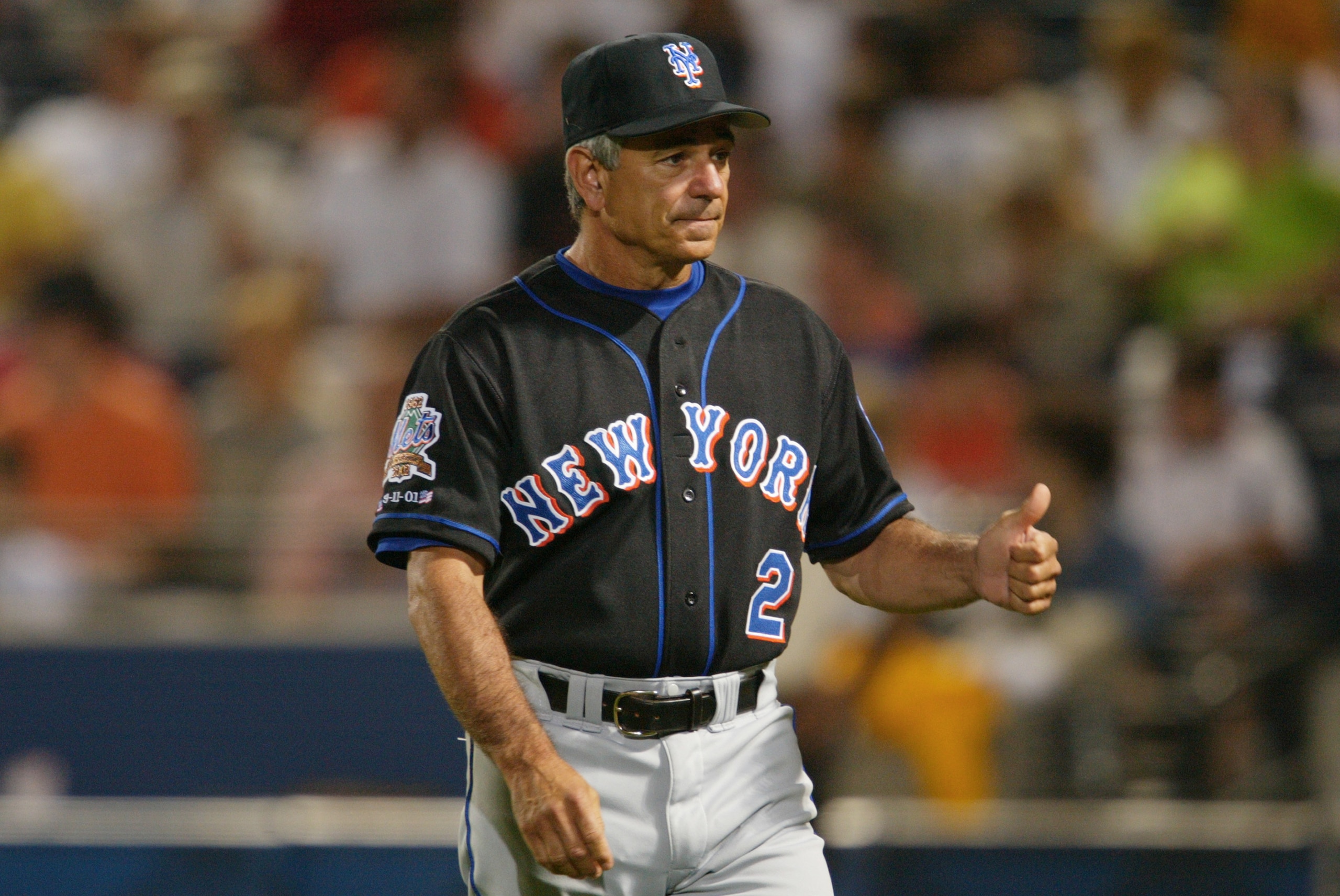 ATLANTA - JUNE 4:  Manager Bobby Valentine #2 of the New York Mets gives a thumbs up during the game against the Atlanta Braves at Turner Field in Atlanta, Georgia on June 4, 2002.  Rainout.(Photo By Jamie Squire/Getty Images)